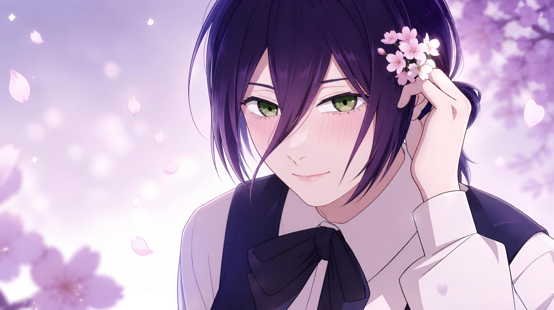 Anime reze 4K Ultra HD PC desktop wallpaper — purple-haired, green-eyed character smiling, holding cherry blossoms as petals fall against a soft lavender bokeh background.