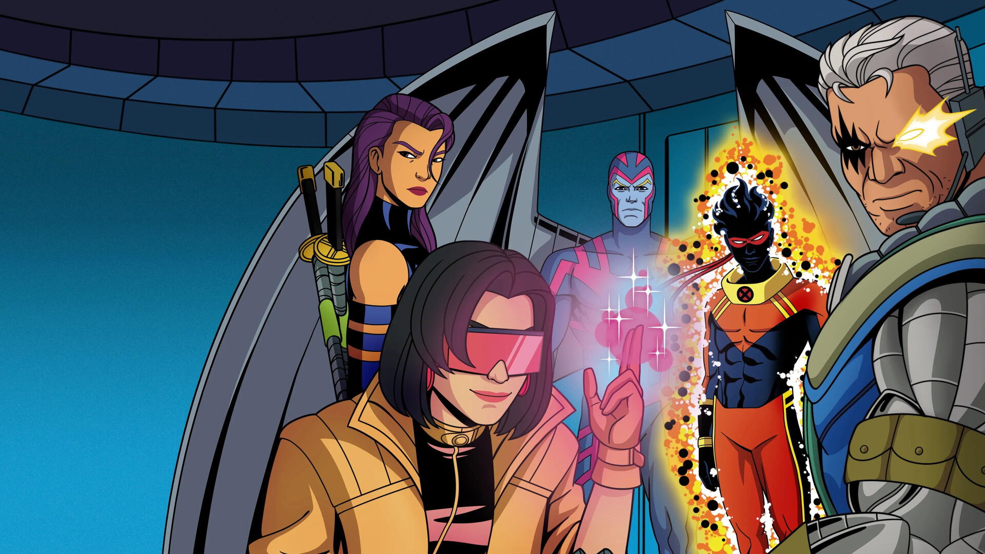X‑Men '97 4K Ultra HD PC desktop wallpaper/background: stylized animated team in a circular control room — winged heroine, visor-wearing mutant, glowing energy figure and a silver‑haired veteran.