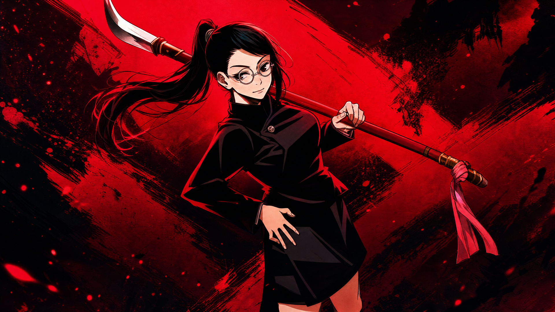 Maki Zenin anime girl in a black uniform wielding a scythe against a red-black splattered backdrop, 4K Ultra HD PC desktop wallpaper