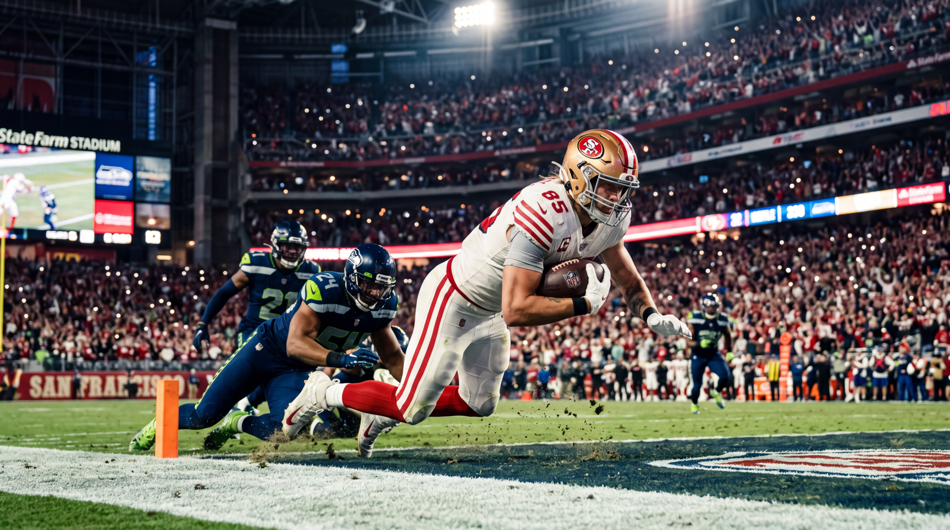 5K Ultra HD PC desktop wallpaper of a football player diving for a touchdown at the goal line in a packed stadium.