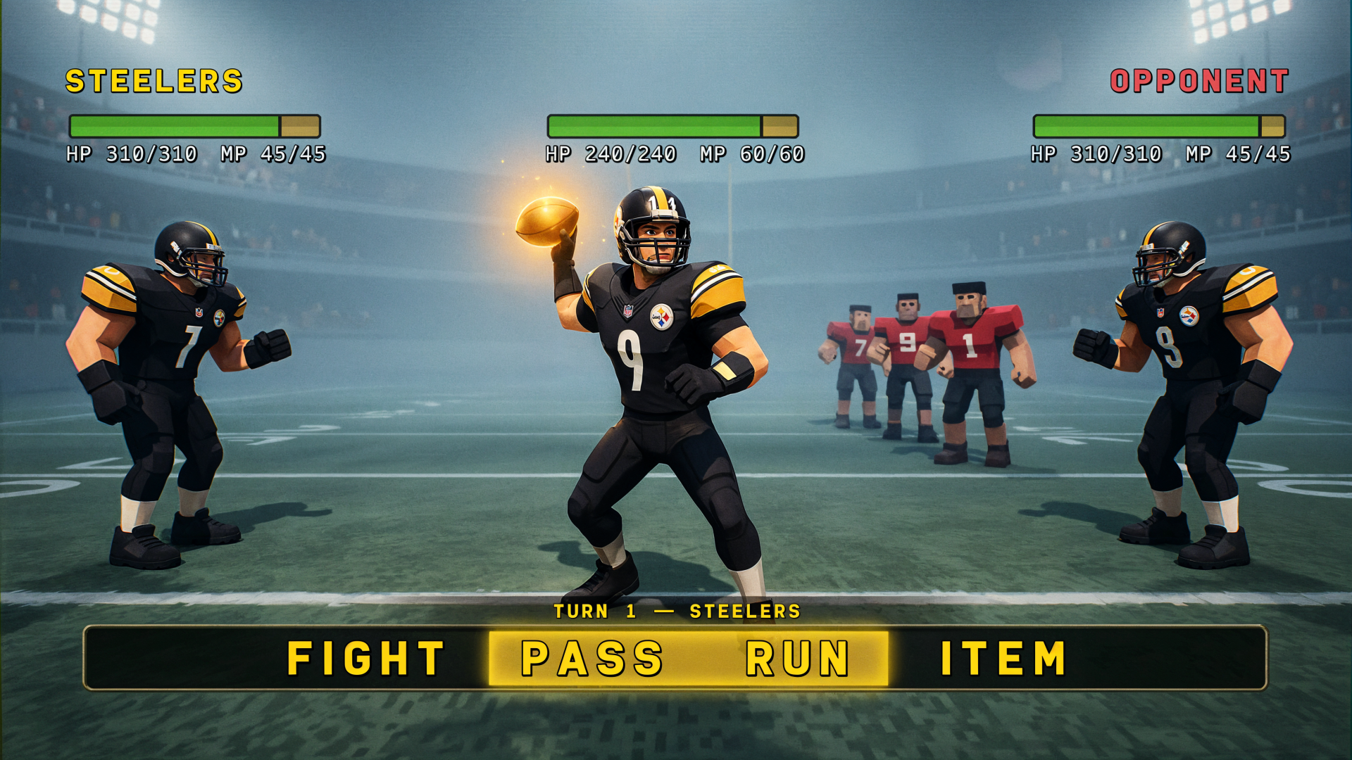 4K Ultra HD PC wallpaper: video-game battle screen with Pittsburgh Steelers football players in RPG-style pose, QB center about to pass; menu shows Fight / Pass / Run / Item.