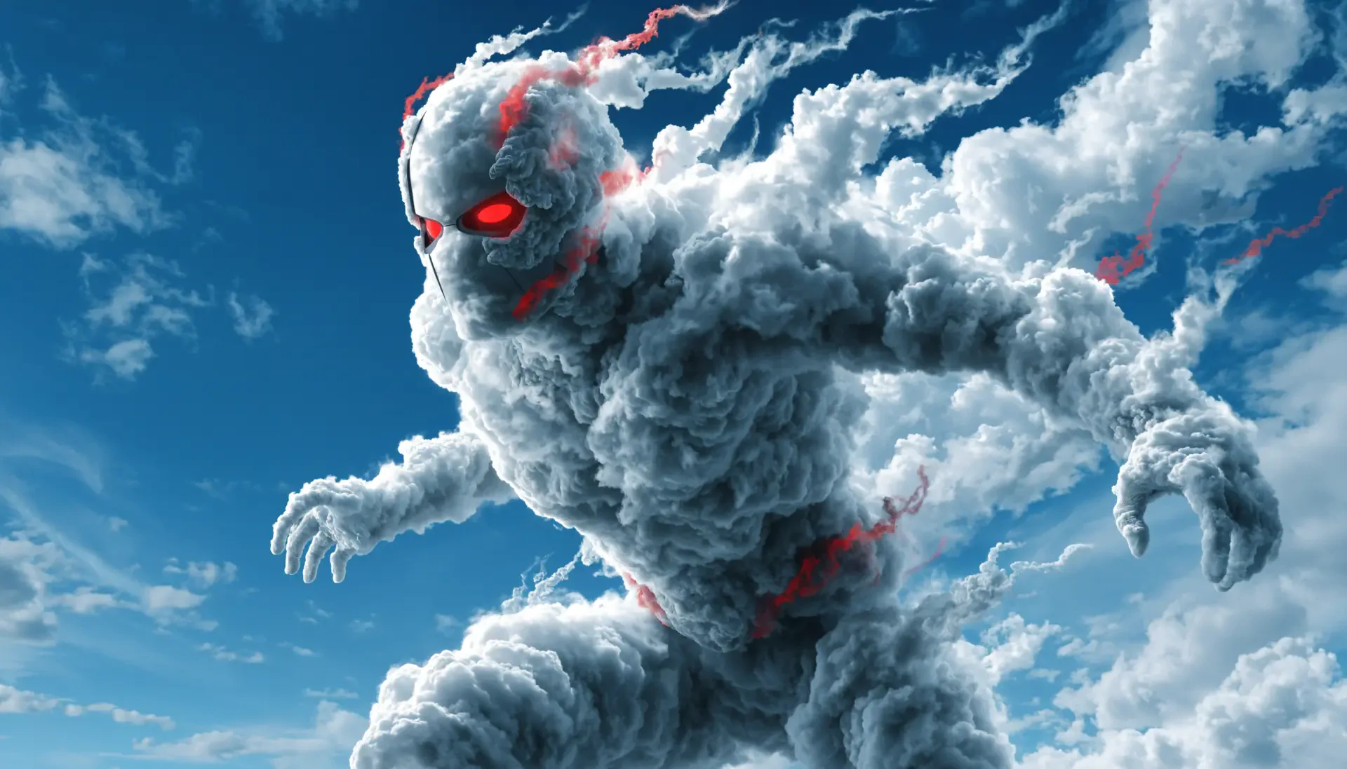4K Ultra HD PC wallpaper: Ant-Man cloud monster — towering storm-cloud figure with glowing red eyes and crackling red veins against a vivid blue sky.