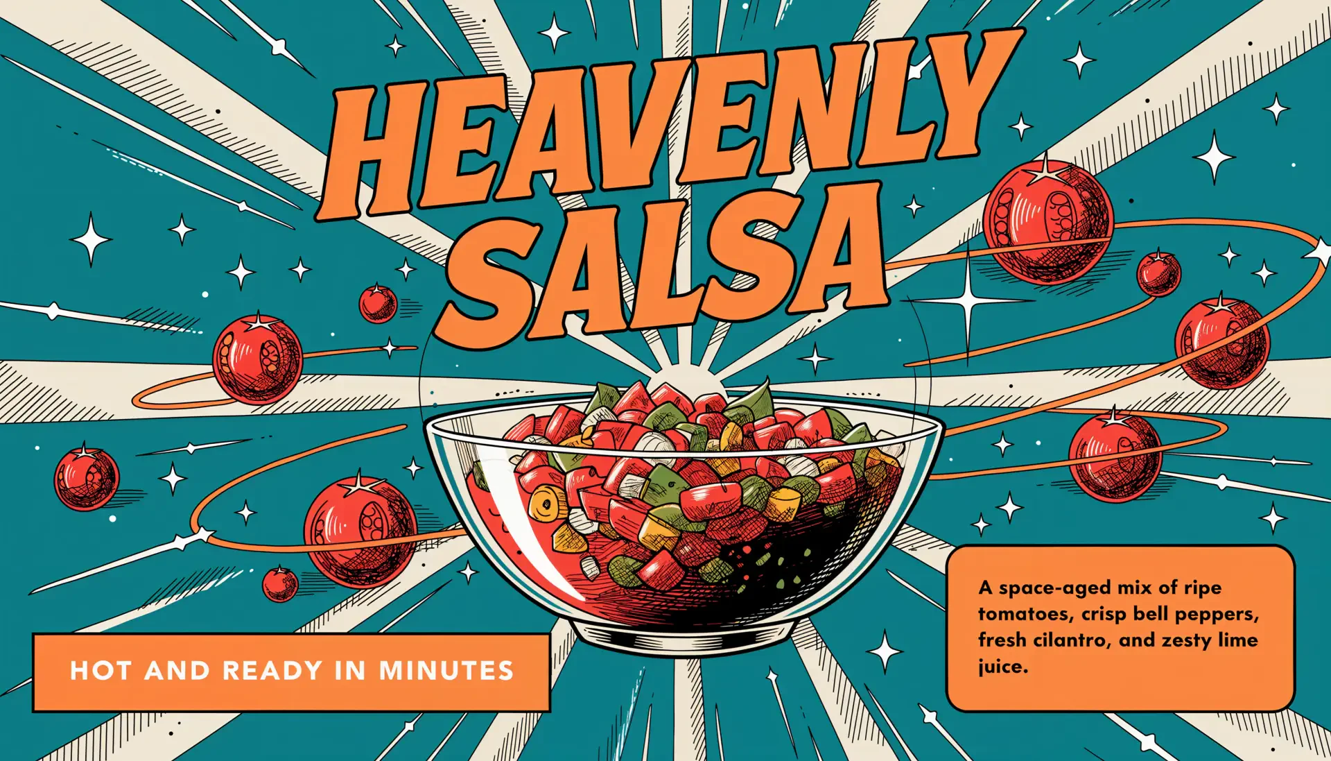 Retro sci‑fi 4K Ultra HD PC desktop wallpaper: vibrant glass bowl of salsa with tomatoes and peppers orbiting like planets under a bold Heavenly Salsa title.