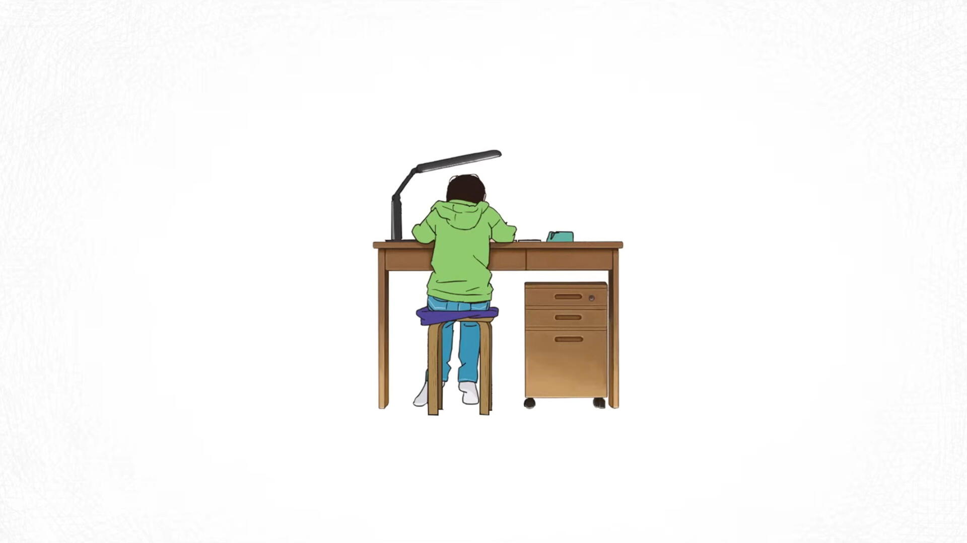 Look Back — 2K Quad HD PC wallpaper: person in a green hoodie seated at a wooden desk under a lamp, viewed from behind on a clean white background.