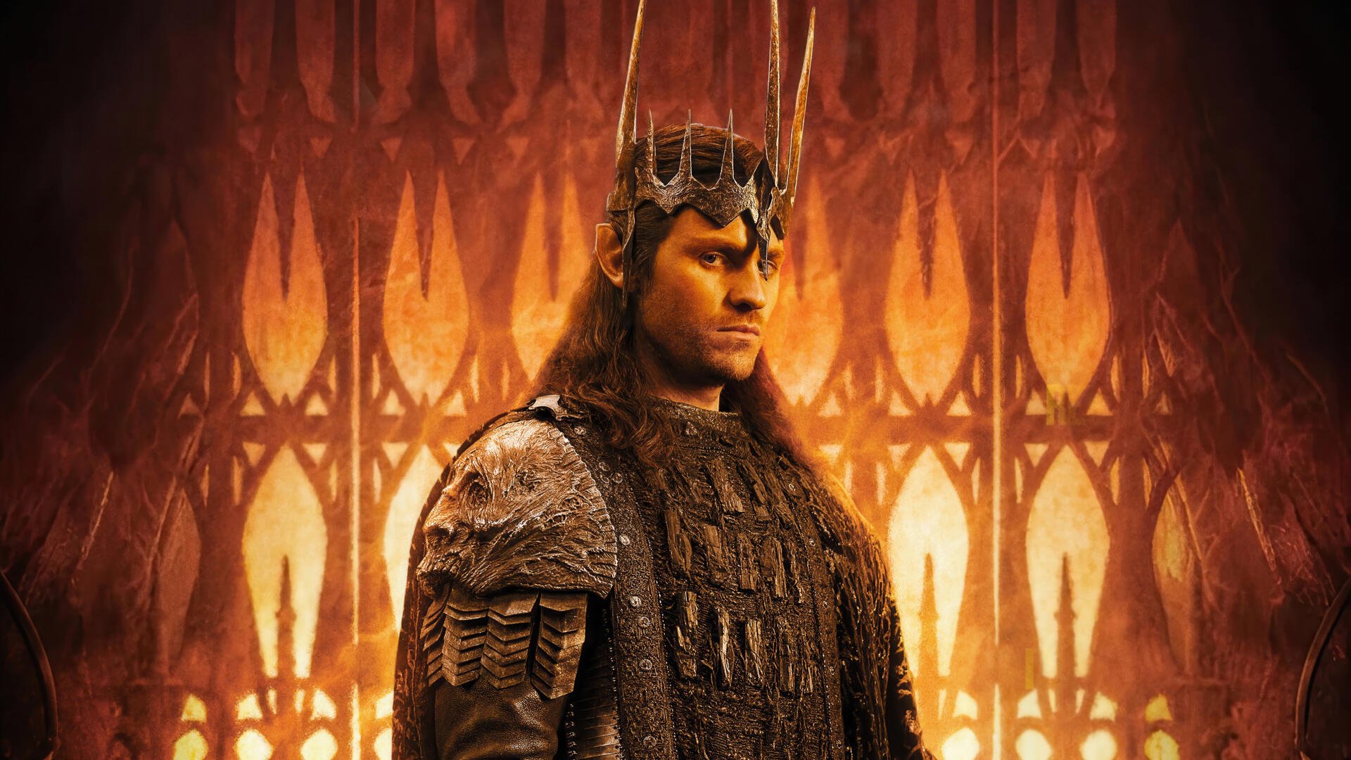 Armored crowned ruler stands before glowing gothic arches and fiery light — The Lord of the Rings: The Rings of Power 4K Ultra HD PC desktop wallpaper.