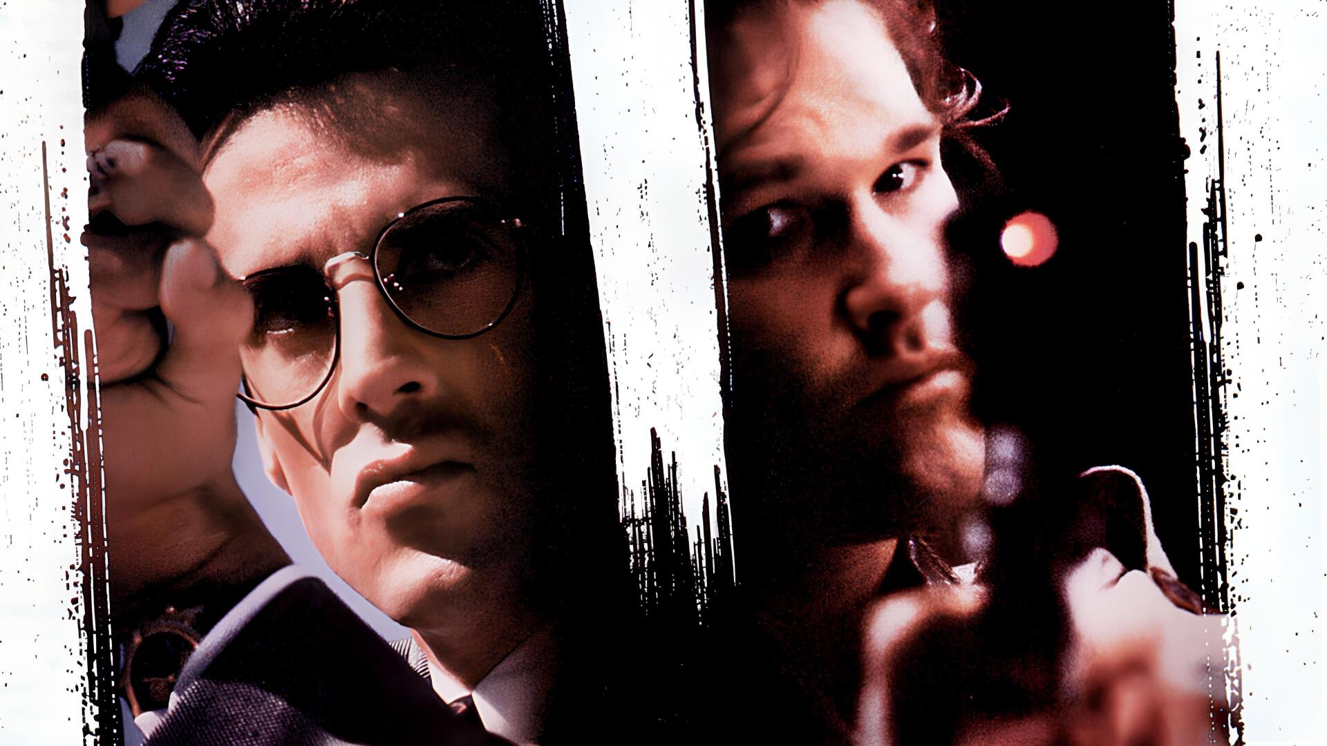Tango & Cash 4K Ultra HD PC desktop wallpaper and background: split high-contrast portrait of two gritty, armed partners in a stylized film-poster composition.