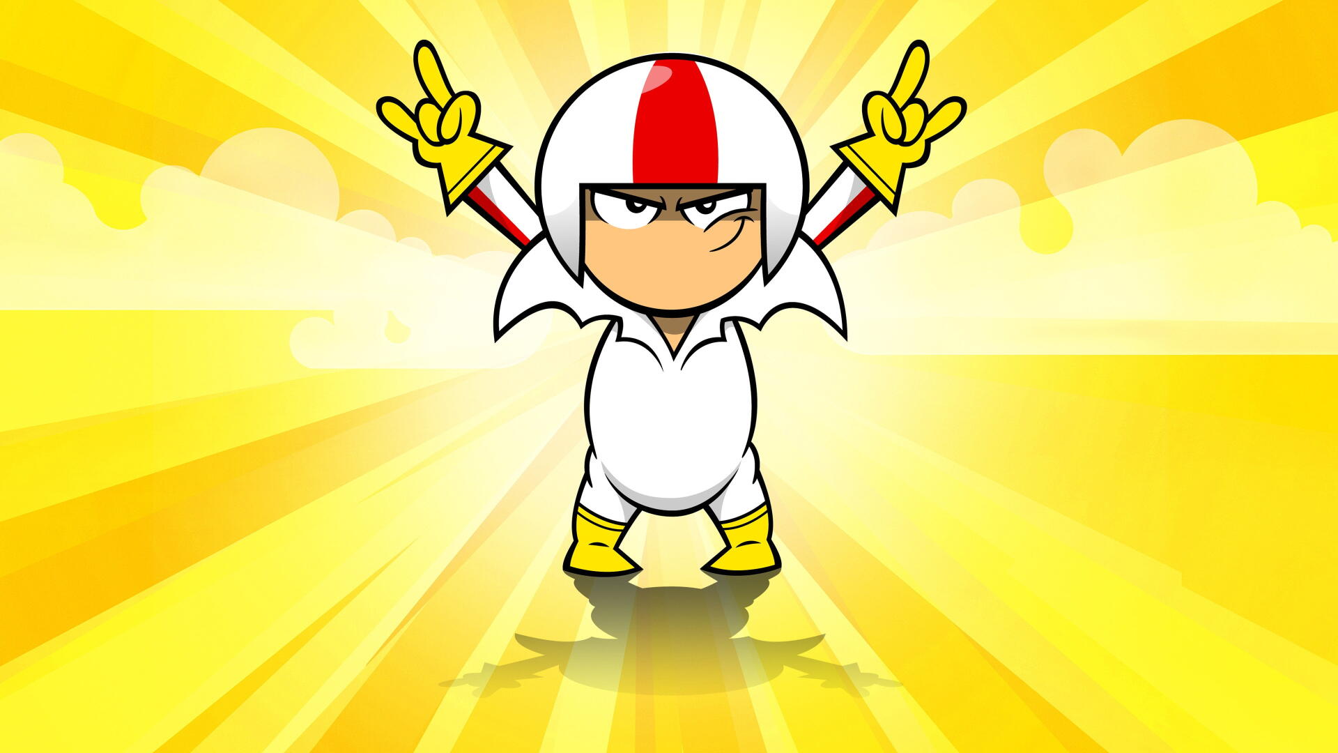 Kick Buttowski in white stunt suit strikes a victory pose against a radiant yellow burst — 4K Ultra HD PC desktop wallpaper background