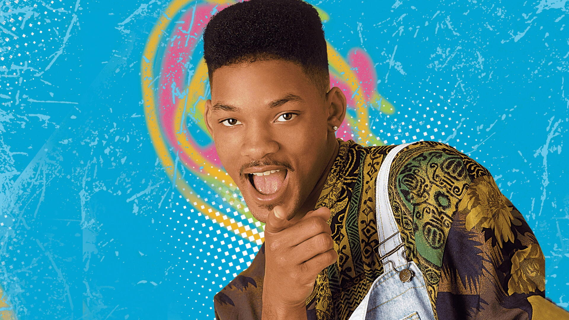 4K Ultra HD PC desktop wallpaper inspired by The Fresh Prince of Bel-Air: young man with high-top fade pointing playfully against a neon graffiti-blue background.
