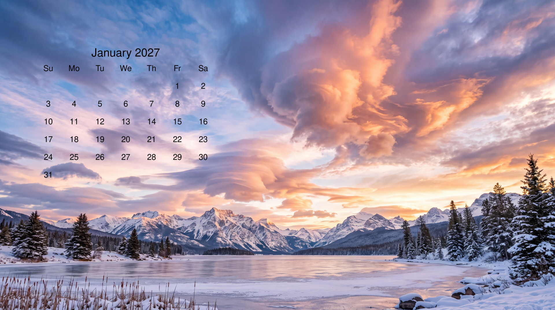 January 2027 calendar on a 5K Ultra HD PC desktop wallpaper: snow-capped mountains reflected in a frozen lake at sunrise.