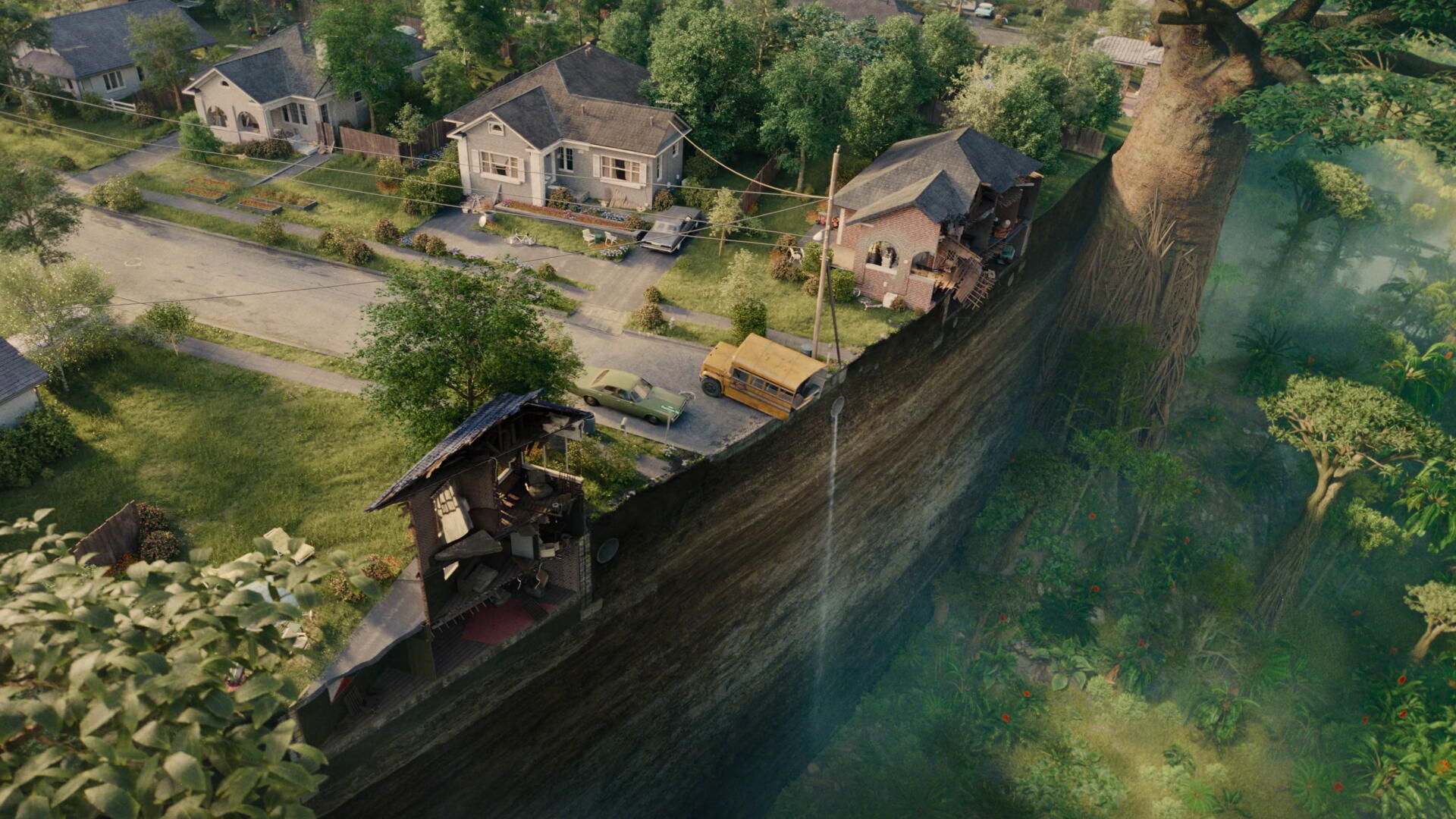 The End of Oak Street — 4K Ultra HD PC Desktop Wallpaper and Background: aerial view of suburban homes split by a dramatic cliff, a street ending at a deep, green-tinged chasm.