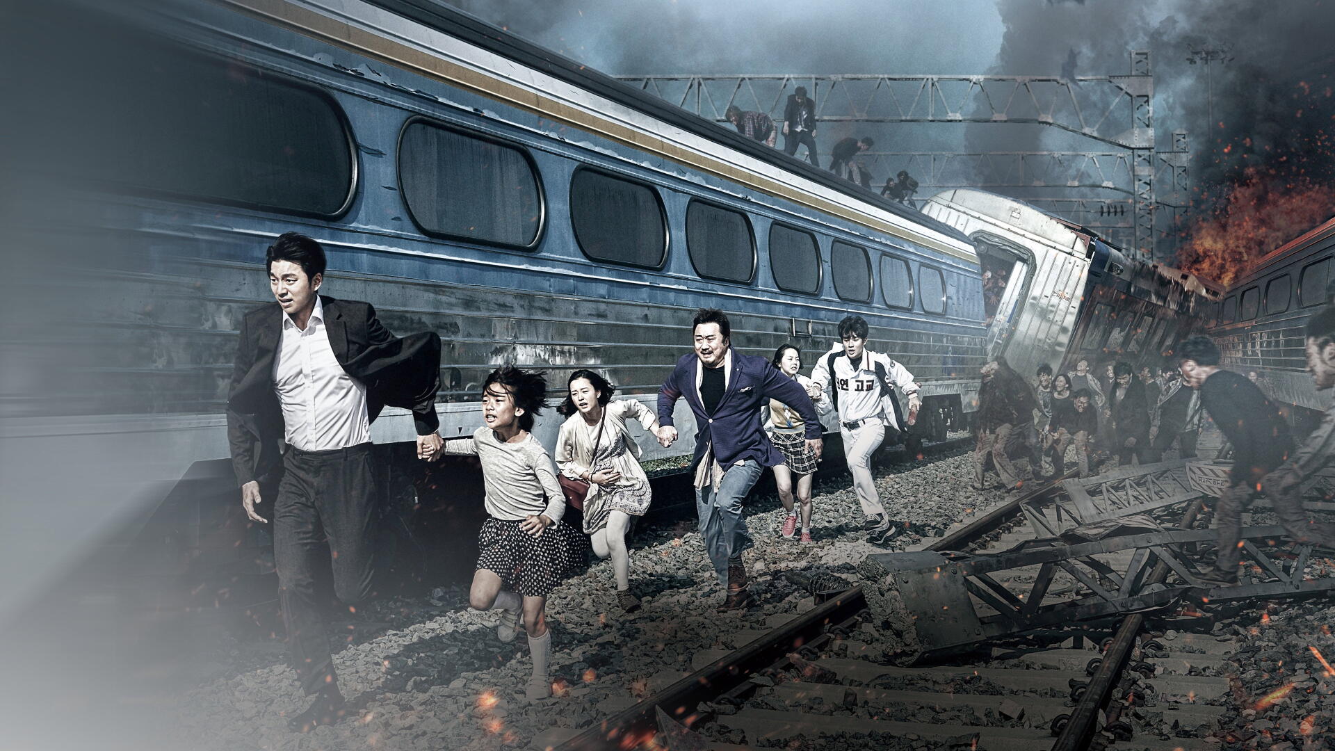 Train to Busan 4K Ultra HD PC wallpaper: passengers sprint along tracks away from a derailed, smoking train amid flames, debris, and a smoky, chaotic night scene.