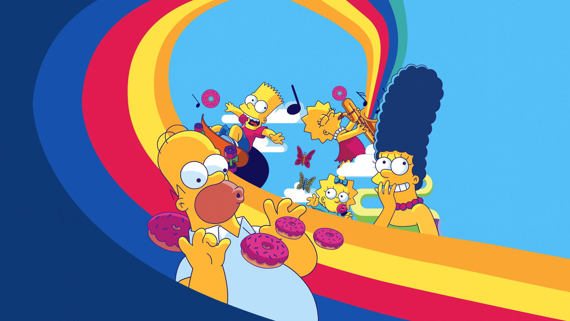 The Simpsons family—Homer, Marge, Bart, Lisa and Maggie—cheer amid rainbow ribbons and floating donuts; colorful 4K Ultra HD PC desktop wallpaper/background.