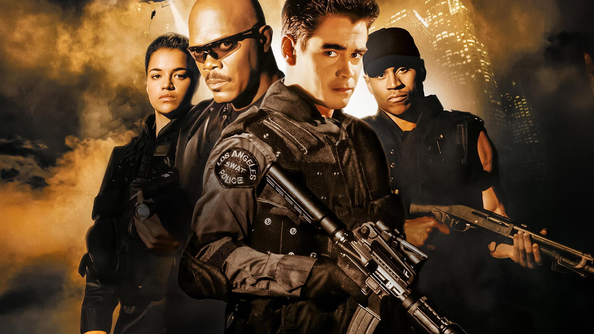 Four SWAT officers in tactical gear holding rifles against a smoky city skyline — S.W.A.T. (2003) 4K Ultra HD PC desktop wallpaper/background.