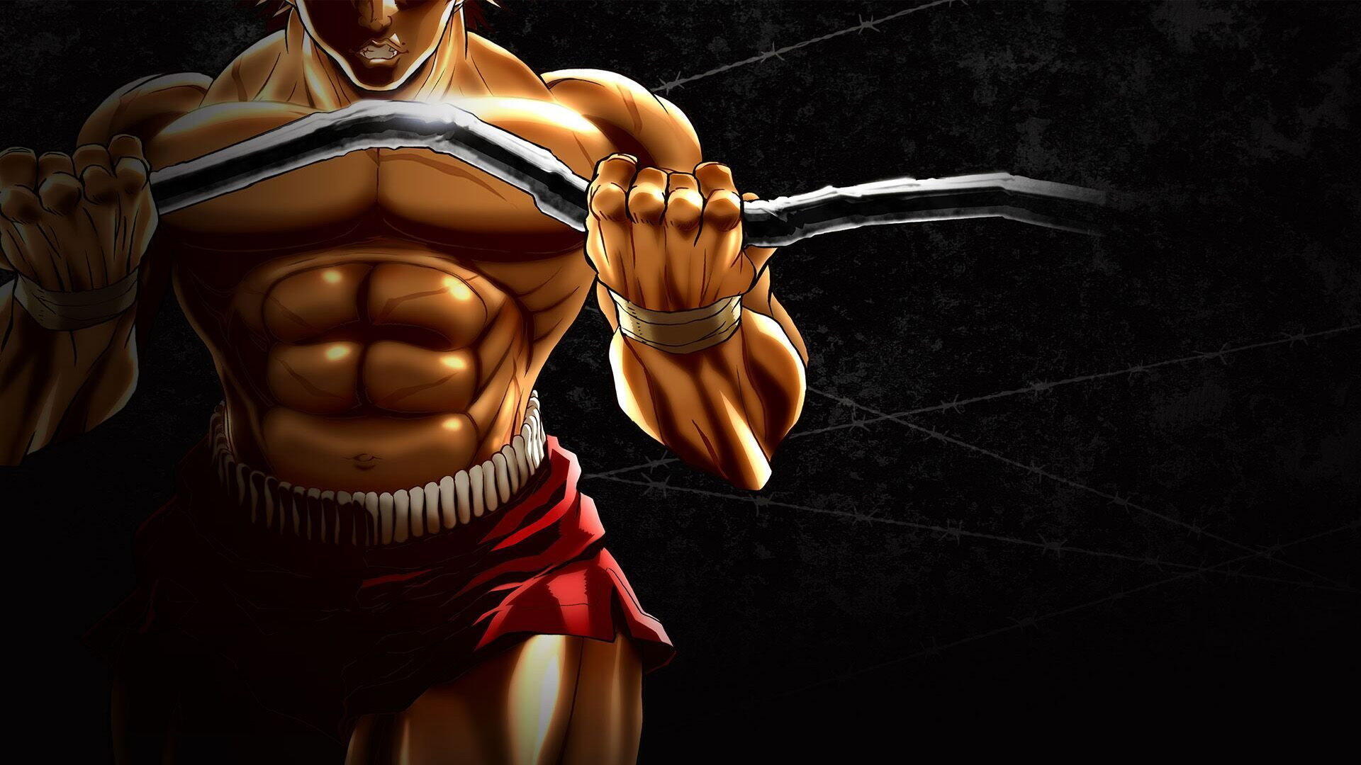 Baki (2018) HD PC desktop wallpaper: close-up of a muscular fighter ripping a chain across his chest against a dark, scratched textured background.
