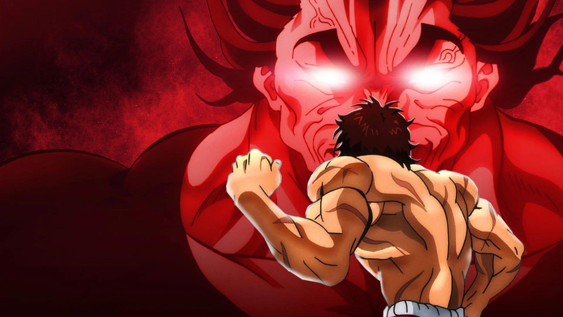 Baki (2018) HD PC desktop wallpaper and background: muscular Baki seen from behind, fists raised, confronting a towering red demonic figure with glowing eyes.