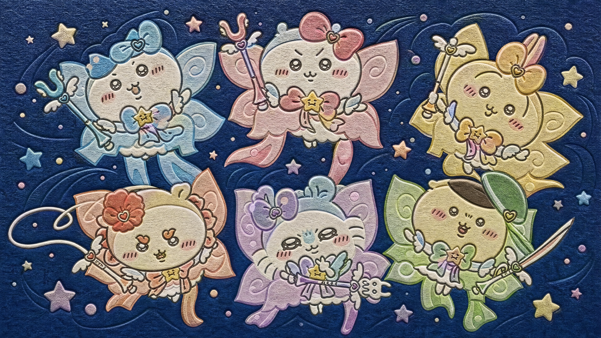 Chiikawa 4K Ultra HD PC desktop wallpaper: six pastel fairy-like Chiikawa characters with wands and star motifs on a dark blue, starry background.