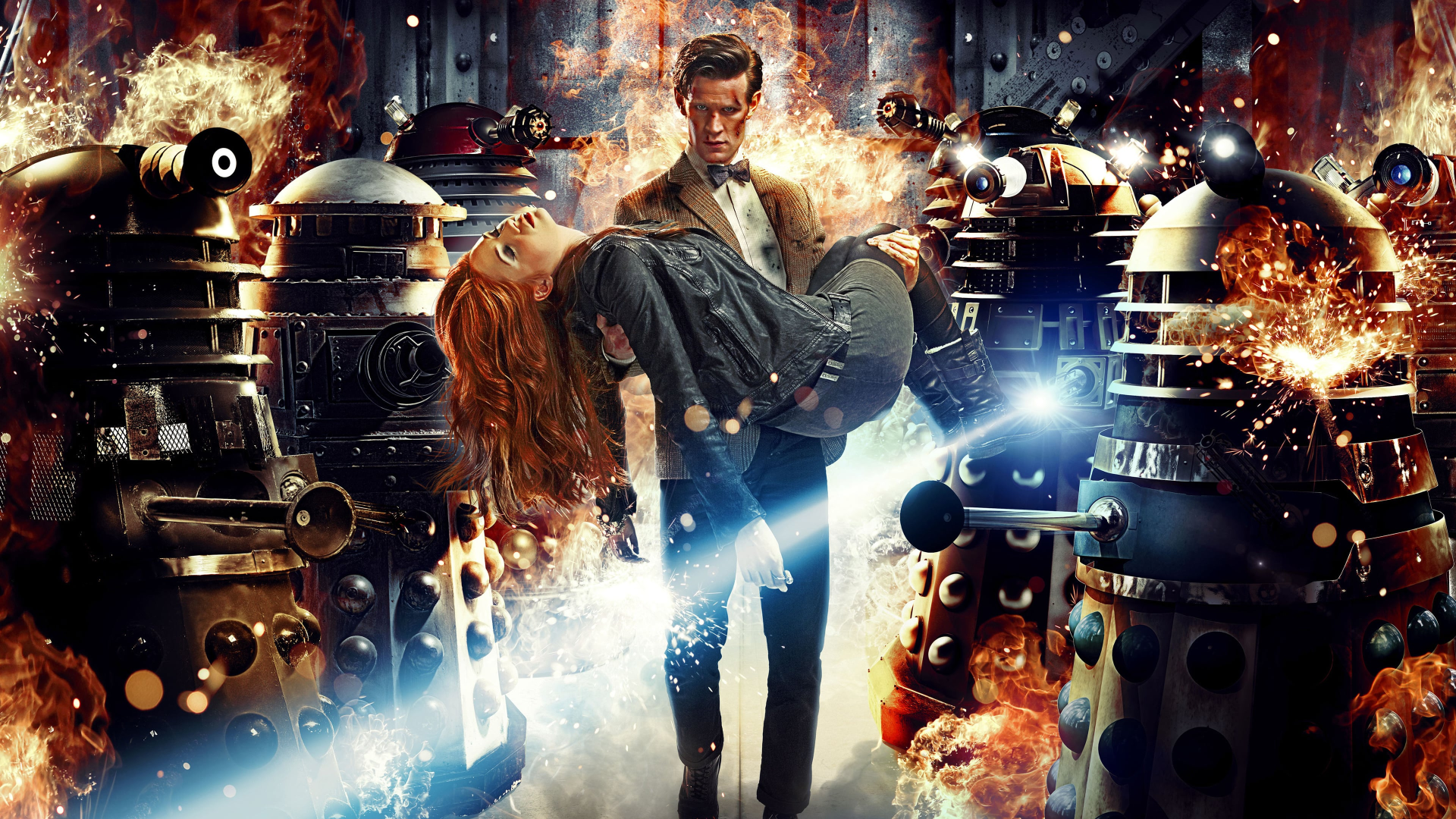 Doctor Who (2005) 4K Ultra HD PC desktop wallpaper: the Doctor carries a companion through fiery explosions among Daleks, blue energy streaks and smoke.
