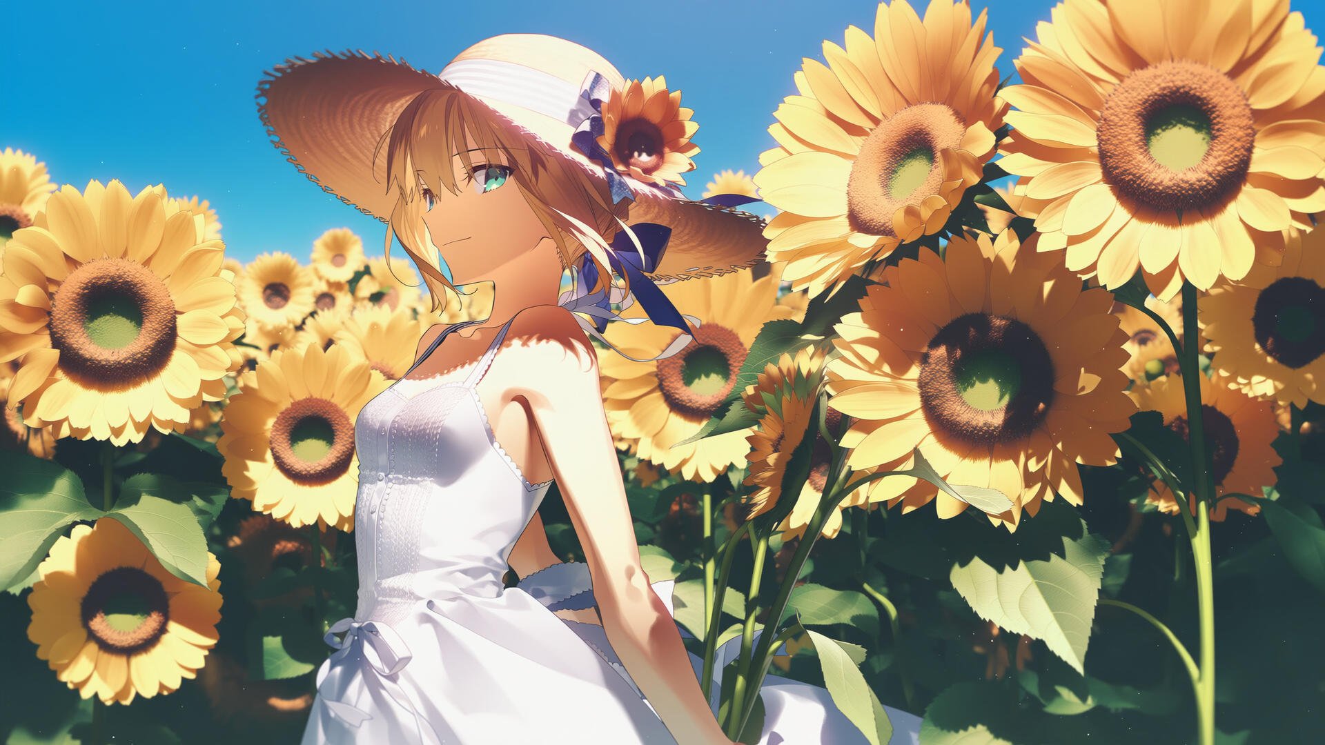 HD PC desktop wallpaper: anime Artoria Pendragon in a white sundress and straw hat stands amid towering sunflowers beneath a bright blue sky.