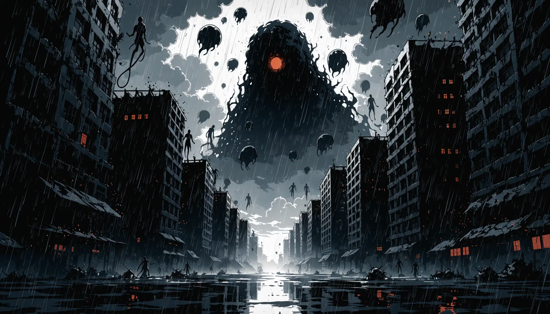 Dark anime 4K Ultra HD PC desktop wallpaper and background: rain-slicked ruined city with a colossal shadowy monster and a single glowing red eye looming over skyscrapers.