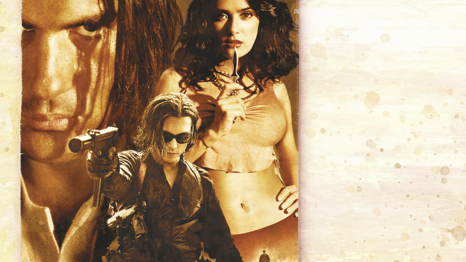 Once Upon a Time in Mexico 4K Ultra HD PC desktop wallpaper: sepia-toned poster collage of three intense figures, handgun, and weathered desert textures.
