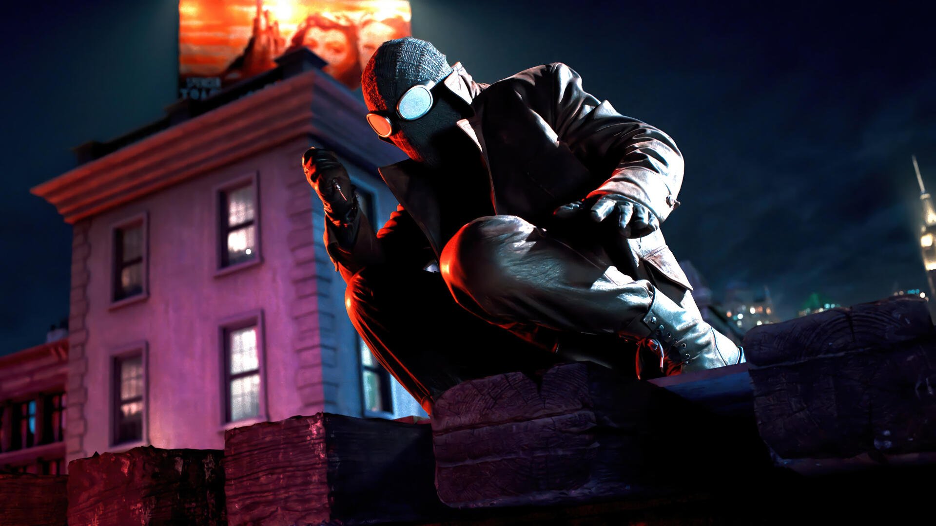 Spider-Man Noir (2026) crouching on a rain-slick rooftop at night, trench coat and goggles lit by neon — 4K Ultra HD TV show Spider-Man PC desktop wallpaper.