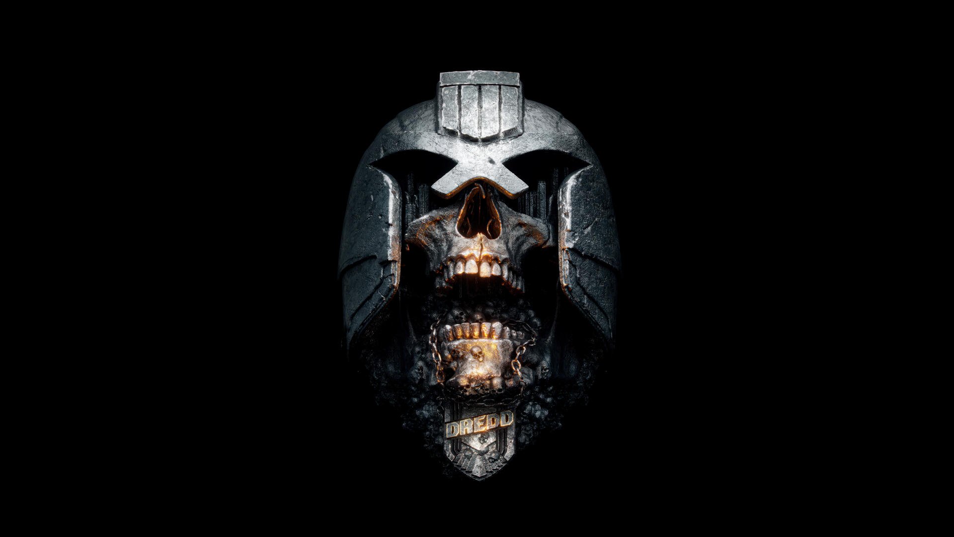 Dredd: cracked metallic helmet revealing a rotting skull, high-contrast close-up on black — 8K Ultra HD PC desktop wallpaper and background.