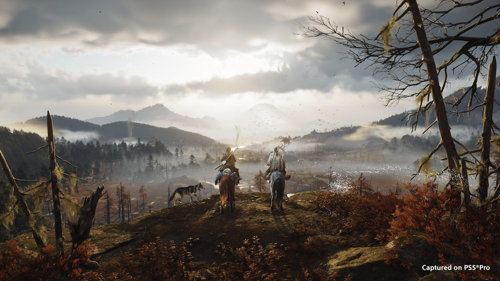 HD PC desktop wallpaper from the video game Ghost of Yōtei: two samurai on horseback survey mist-filled mountain valleys at sunrise, a cinematic background scene.