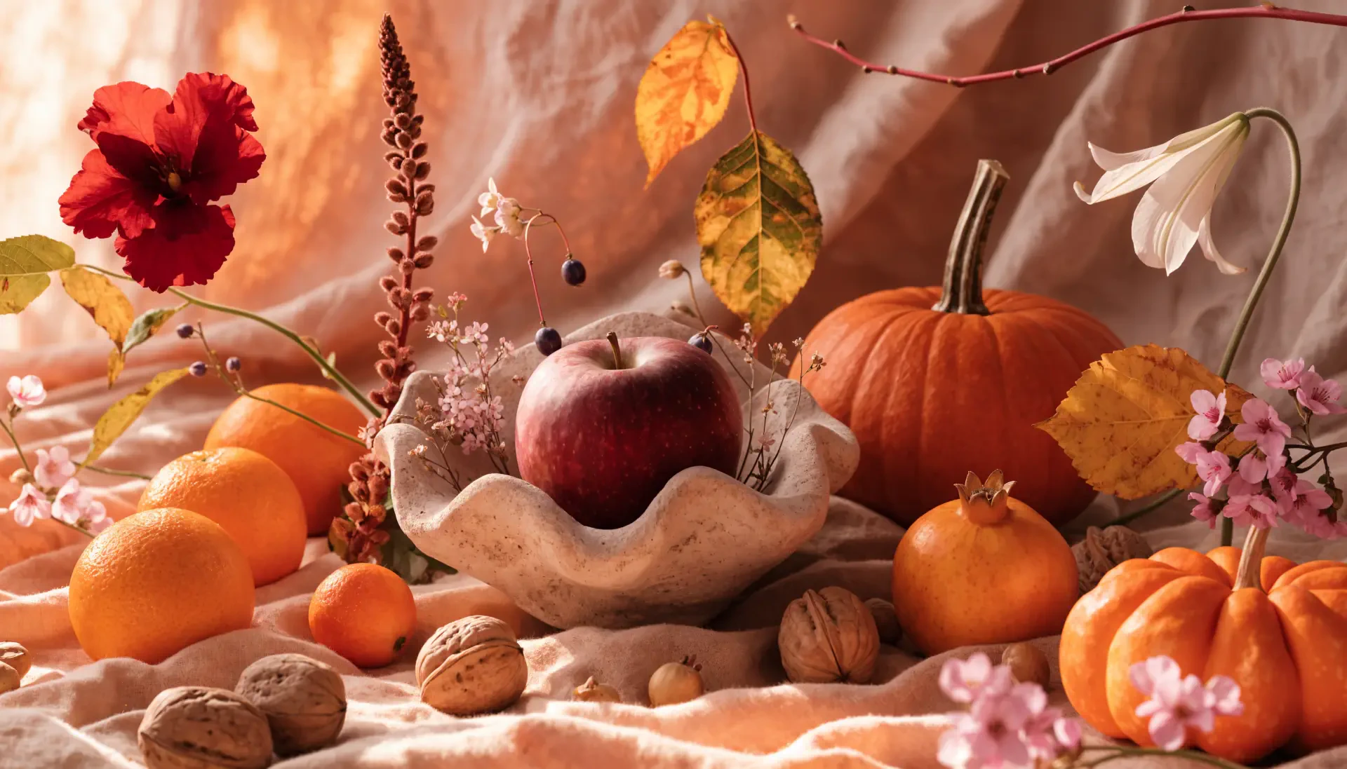 4K Ultra HD PC desktop wallpaper and background showcasing an Autumn still life of pumpkins, an apple, assorted gourds, fallen leaves and walnuts on a warm fabric backdrop.