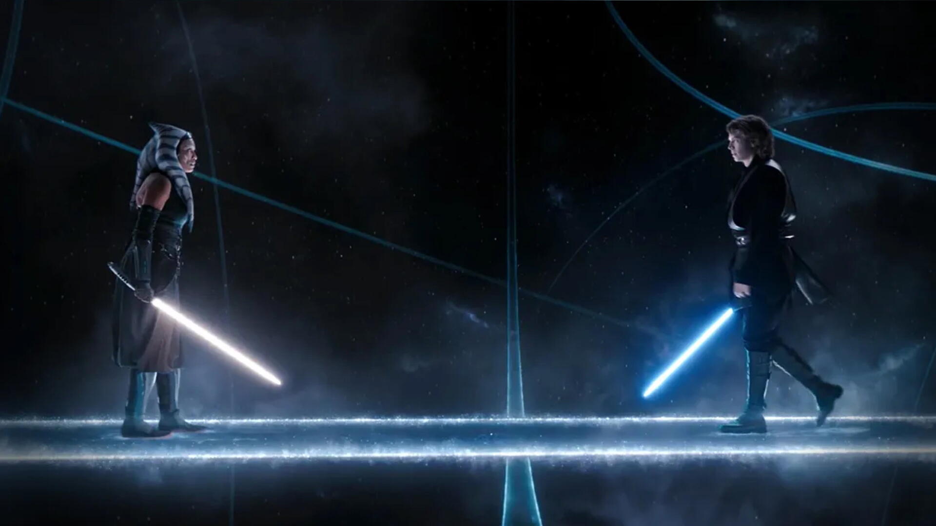 Ahsoka (2023) 4K Ultra HD PC desktop wallpaper and background: Ahsoka faces an opponent on a glowing, reflective platform as blue and white lightsabers clash in a dark sci‑fi arena.