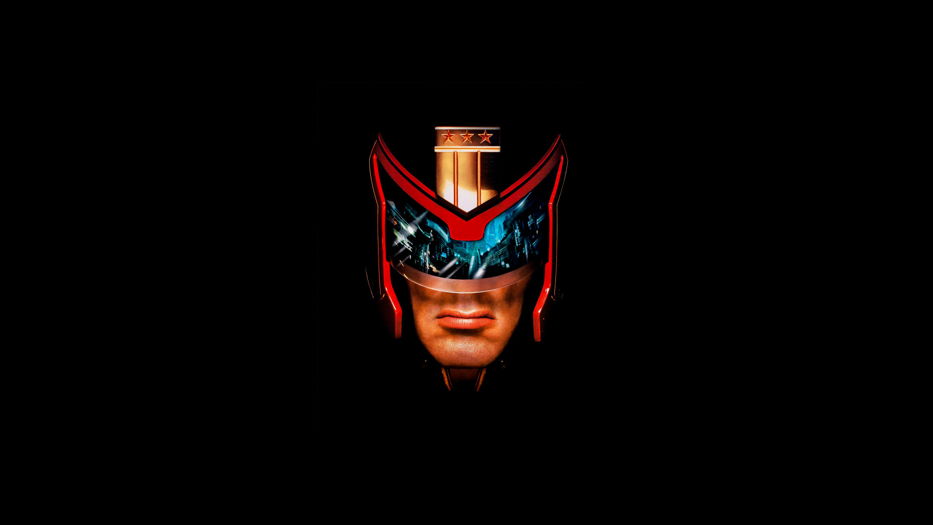 Dredd's helmeted face centered on a black background with glowing red visor highlights — 4K Ultra HD PC desktop wallpaper and background.