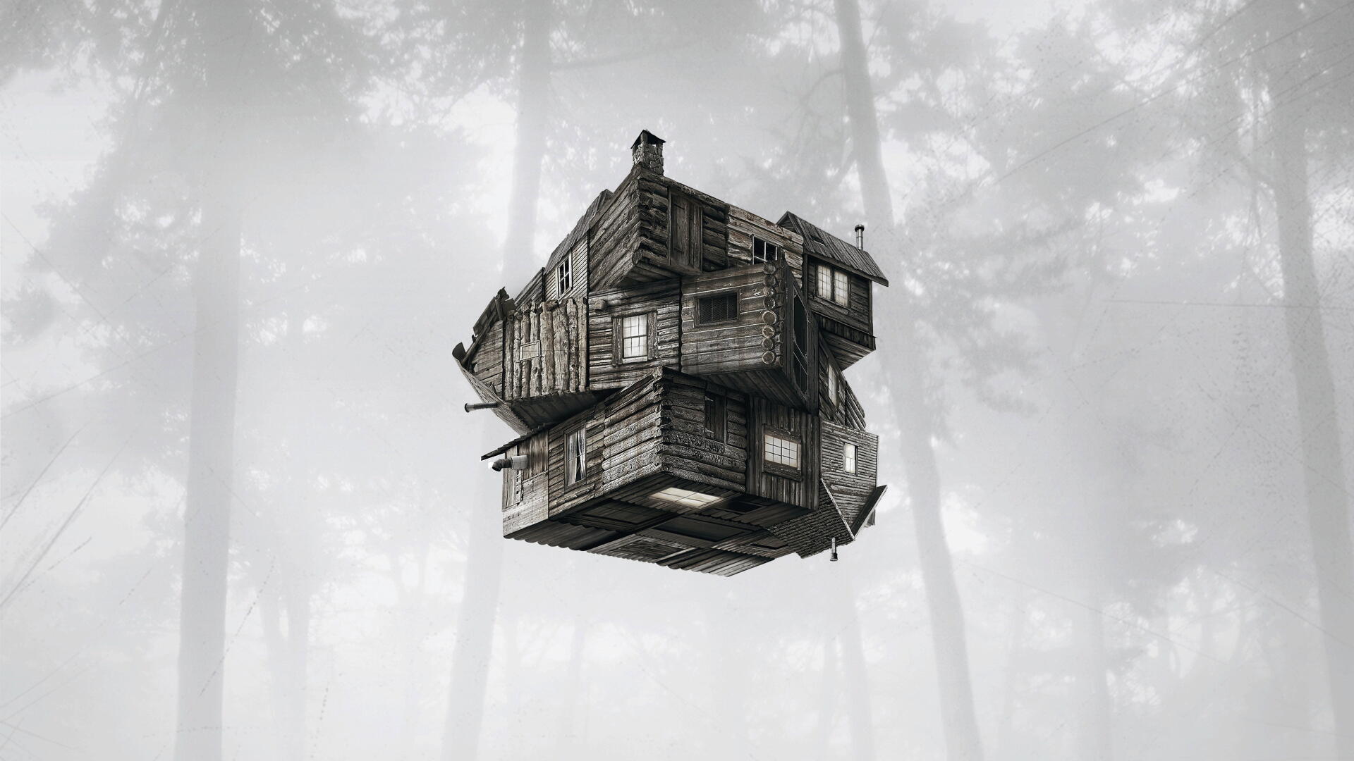 Surreal floating dilapidated cabin in a misty pine forest — The Cabin In The Woods, 4K Ultra HD PC desktop wallpaper/background.