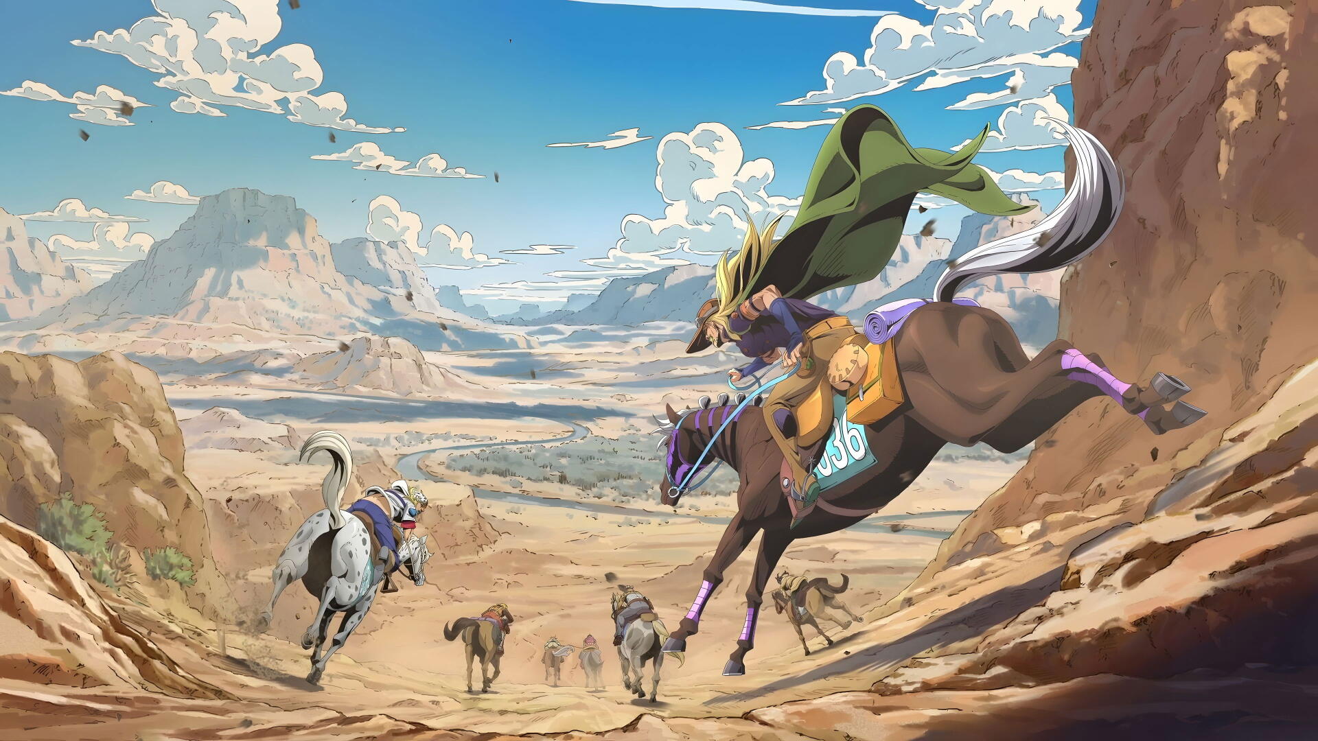 Steel Ball Run 4K Ultra HD PC desktop wallpaper — dynamic desert canyon horse race with riders charging past cliffs beneath a wide, cloud-streaked sky.