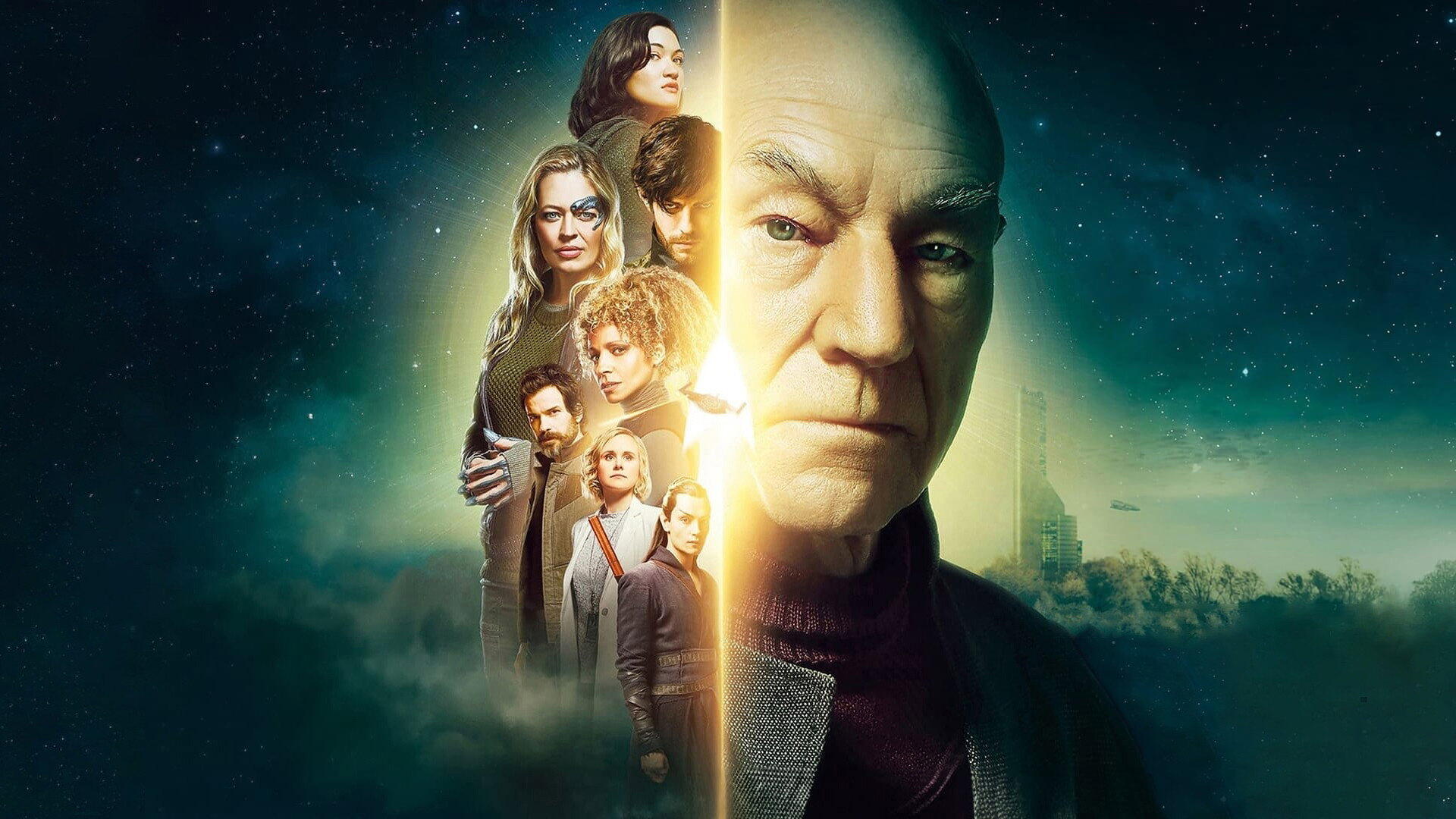 Star Trek: Picard HD PC desktop wallpaper showing a large, stern central portrait bisected by a glowing vertical beam with the ensemble to the left and a starfield background.