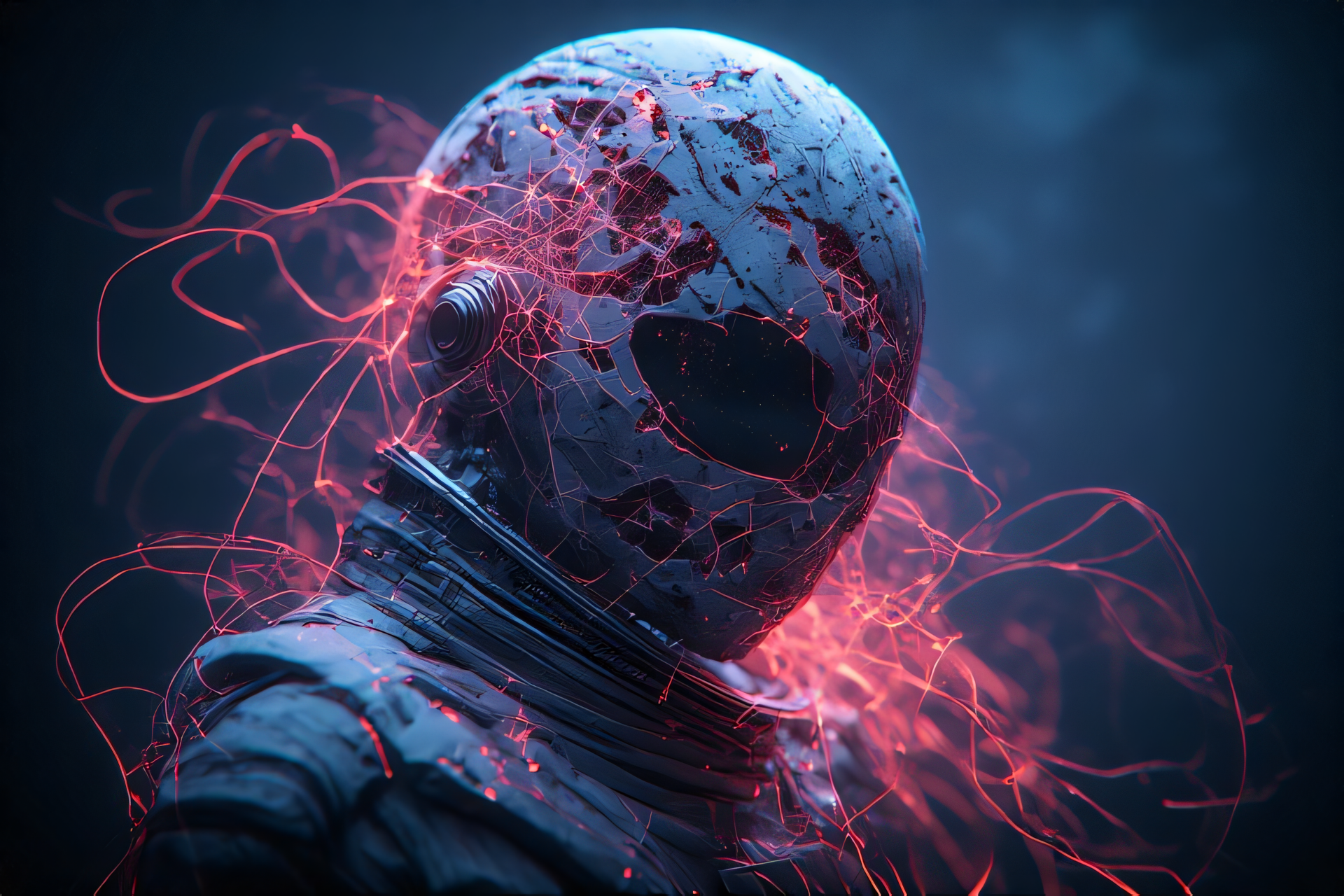 Alien concept art: a cracked, helmeted extraterrestrial with glowing pink energy tendrils, high-detail 4K Ultra HD PC desktop wallpaper/background.