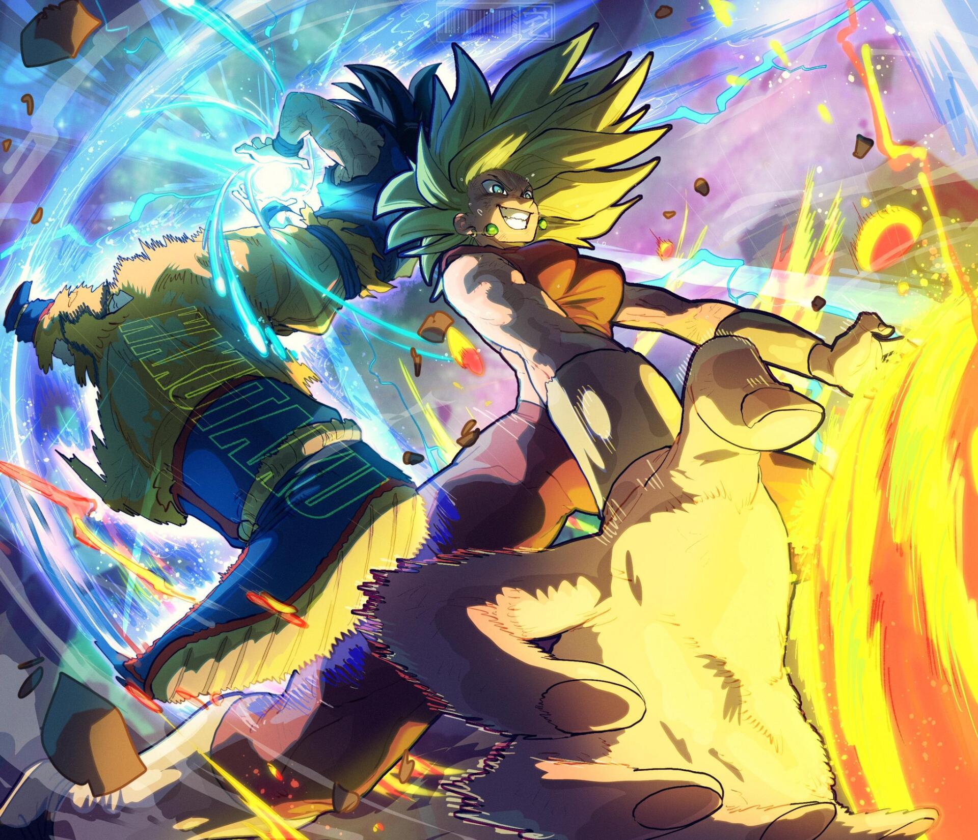 HD PC desktop anime wallpaper of Goku and Kefla (Dragon Ball Super) clashing mid-air, roaring ki blasts and swirling energy in a vivid, explosive Dragon Ball action scene.