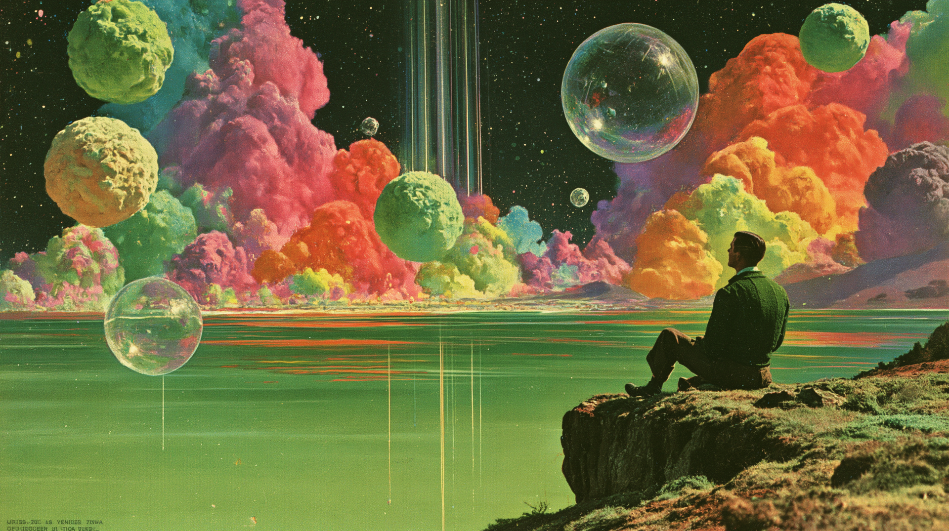 Artistic surreal 2K Quad HD PC desktop wallpaper/background: a lone man sits on a cliff, gazing at a neon-hued landscape of colorful clouds, floating planets and glassy spheres.