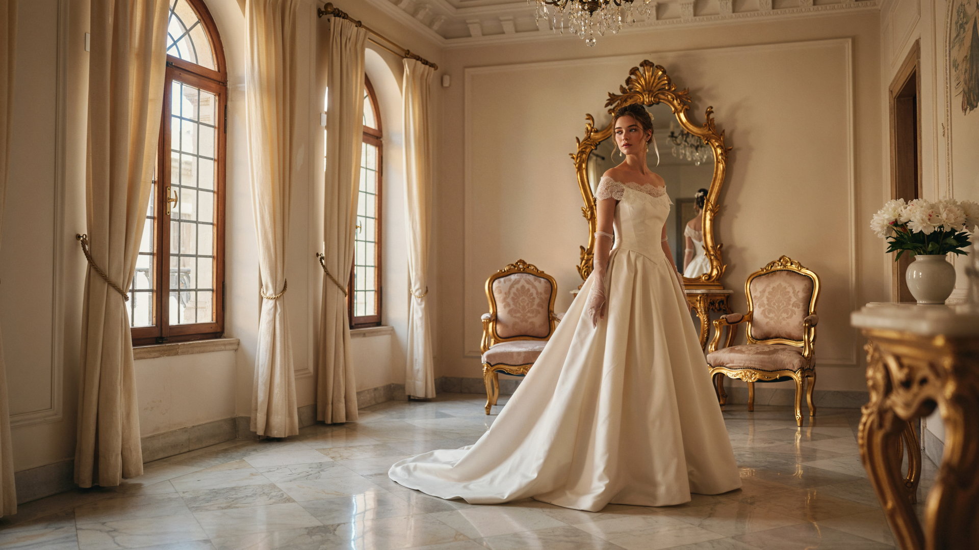 4K Ultra HD desktop wallpaper of a bride in an elegant white wedding gown standing in a sunlit, ornate room with tall arched windows and gilded furniture.