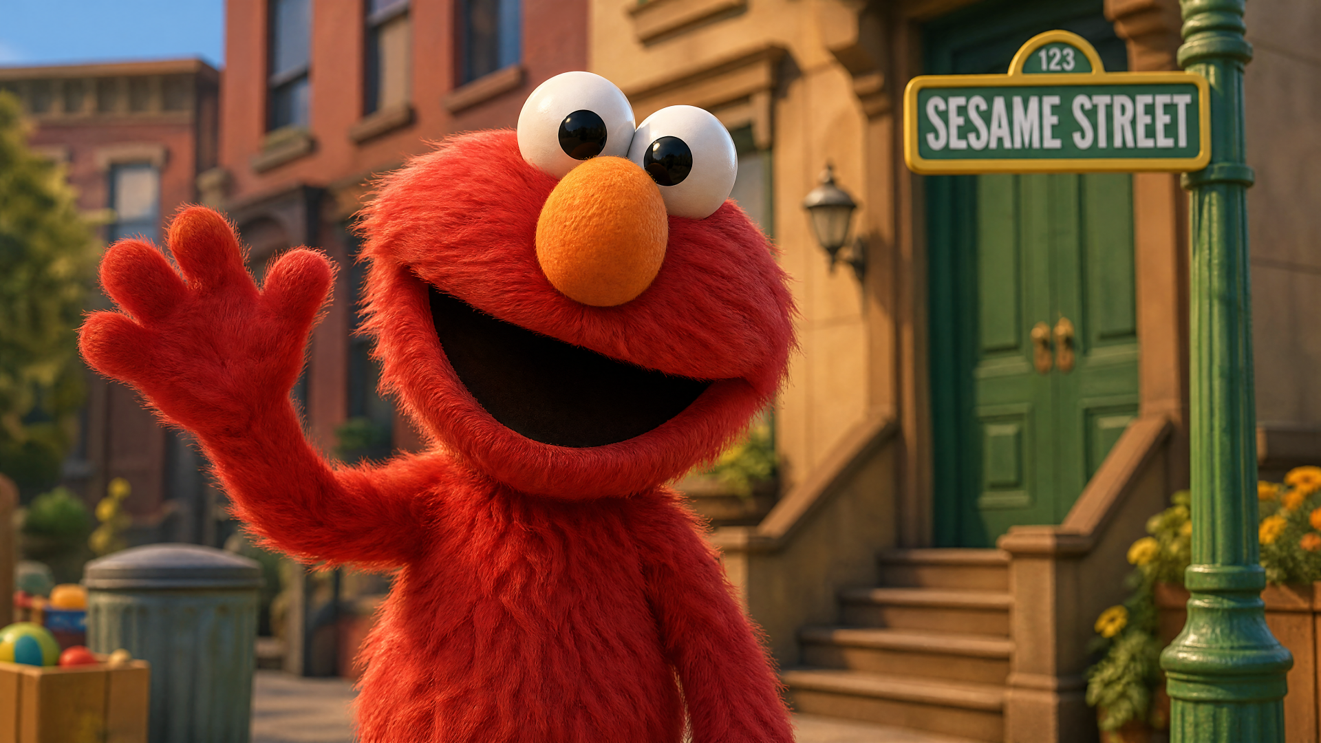 Elmo from Sesame Street waves on the neighborhood stoop beneath a Sesame Street sign — bright 4K Ultra HD PC desktop wallpaper/background.