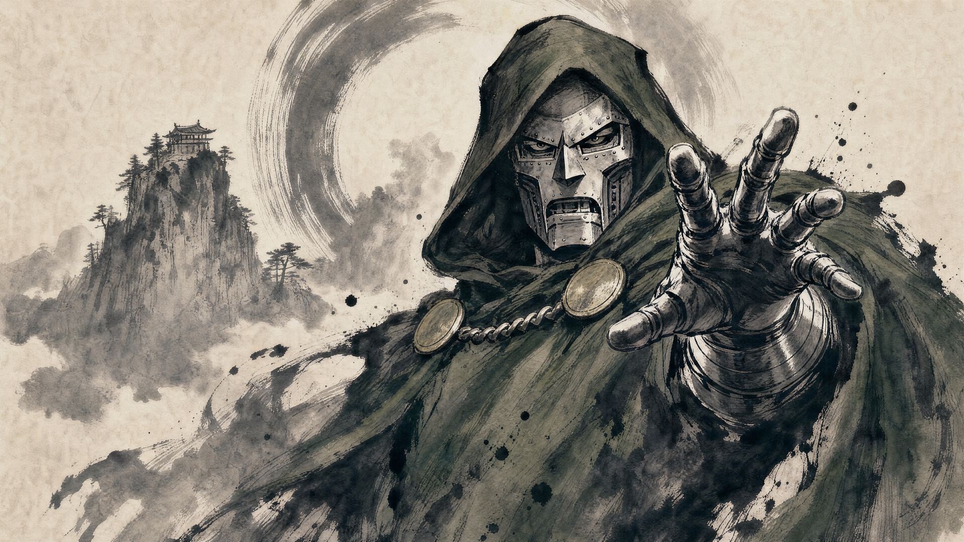 Doctor Doom in ink-wash style, hooded and armored, hand outstretched amid swirling mist — 4K Ultra HD PC desktop wallpaper and background.