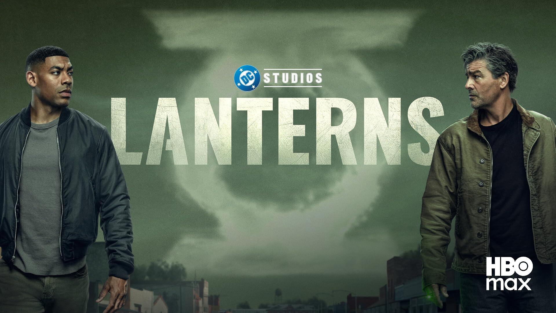 HD PC desktop wallpaper for Lanterns (2026) TV show: two men face off beneath a giant lantern emblem and title over a muted green cityscape, HBO Max logo.