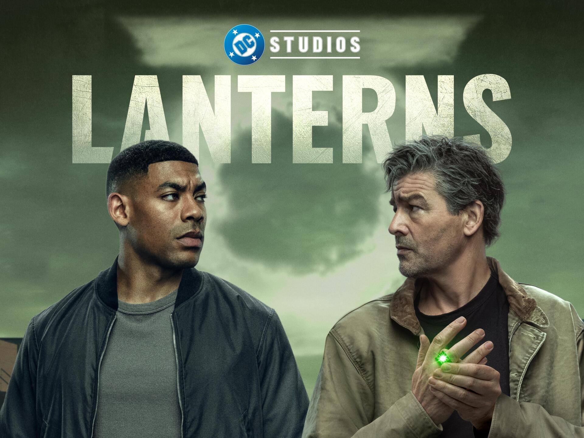 Lanterns (2026) TV show 4K UHD desktop wallpaper: two men face each other against a stormy green sky, one with a glowing green ring in hand, DC Studios title above.