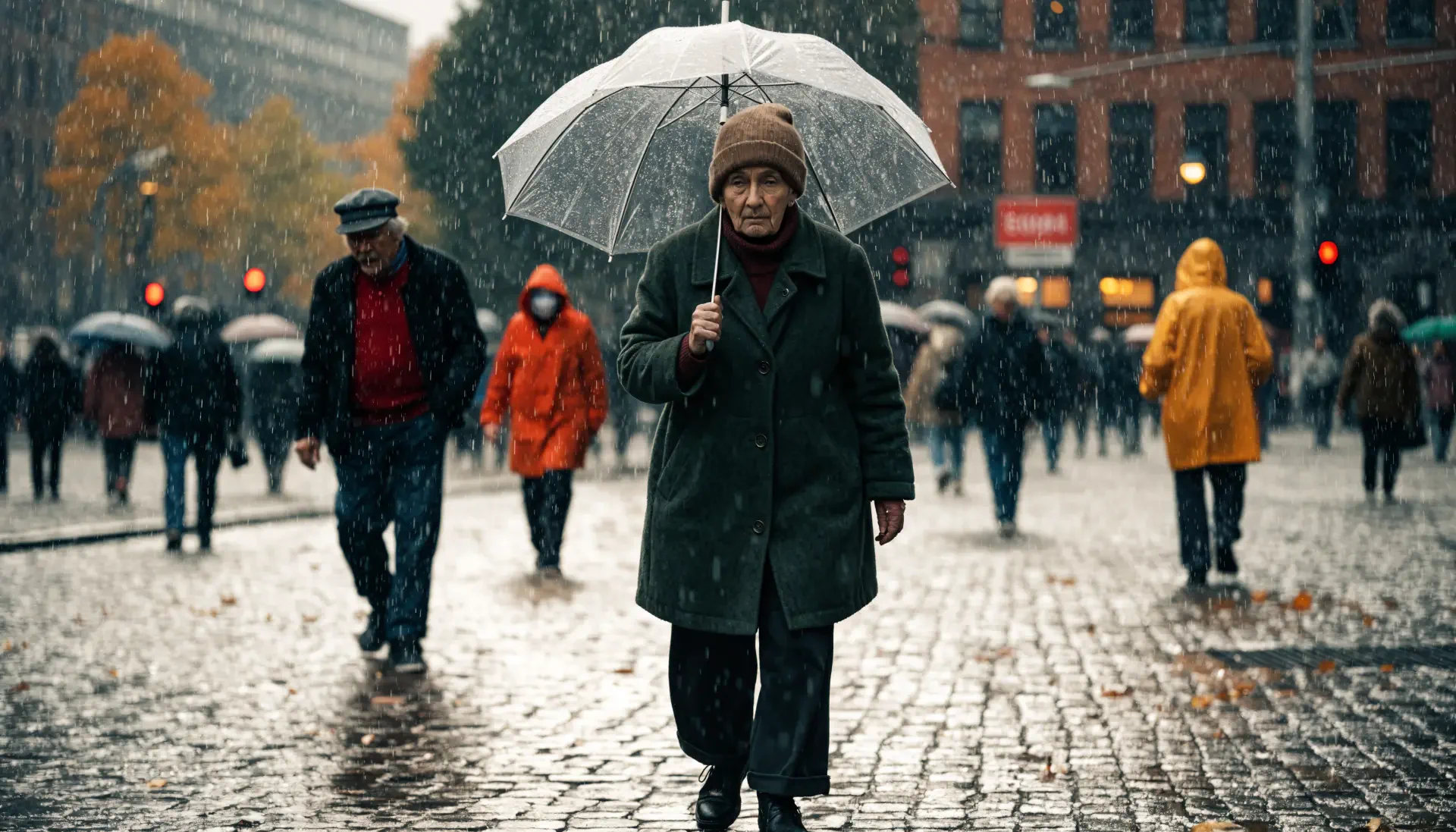 4K Ultra HD PC desktop wallpaper and background: man under an umbrella walking through rain on a wet cobblestone street, pedestrians in colorful coats and blurred city buildings behind.