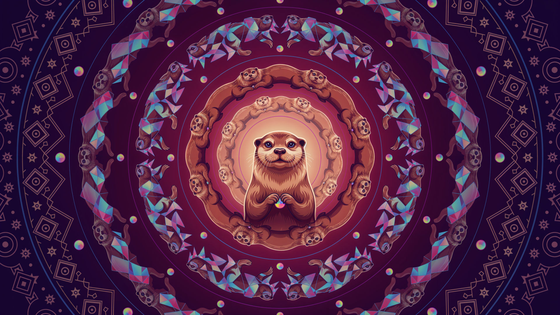 4K Ultra HD PC desktop wallpaper and background — whimsical mandala with a smiling otter‑sloth character at center, surrounded by concentric rings of leaves and geometric patterns in purple tones.