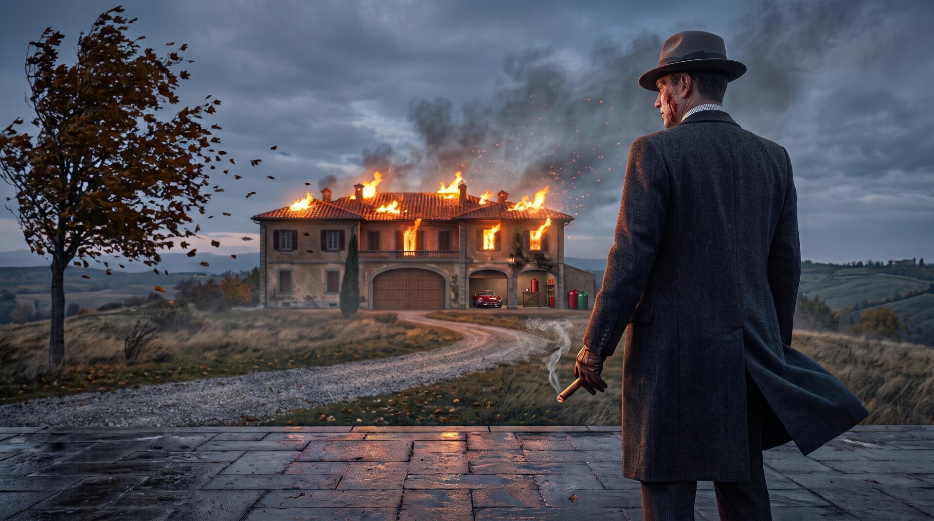 2K Quad HD PC desktop wallpaper: Italian mafia mobster in coat and fedora watches a mansion on fire at dusk, smoke rising over the countryside.