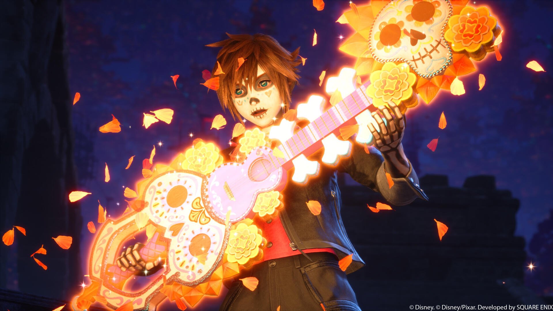 4K Ultra HD PC desktop wallpaper for the video game Kingdom Hearts IV (Kingdom Hearts): anime-style protagonist wields a flaming skull-and-rose guitar as petals glow against a night skyline.