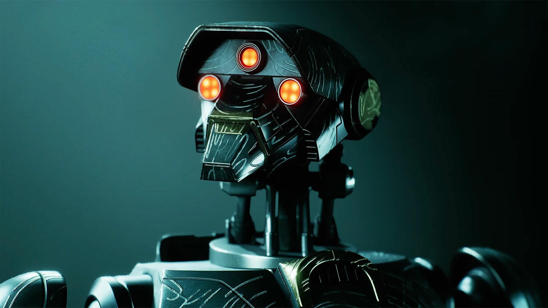 Video game HD PC desktop wallpaper: Typhon droid from Star Wars: Zero Company — a menacing black battle droid with glowing orange sensors on a teal background.