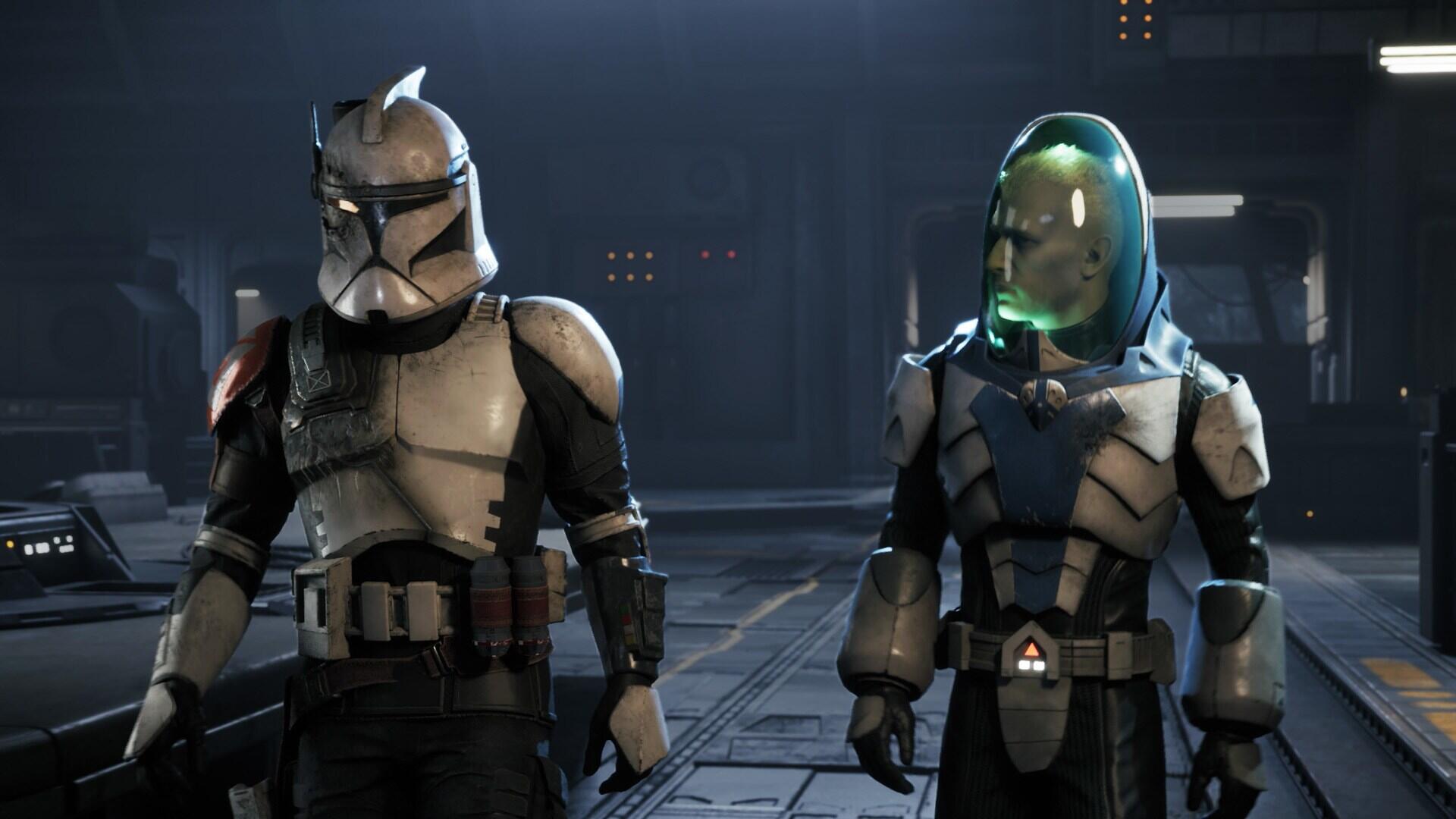 HD PC desktop wallpaper and background featuring two armored Star Wars soldiers from the video game Star Wars: Zero Company standing in a dim industrial hangar