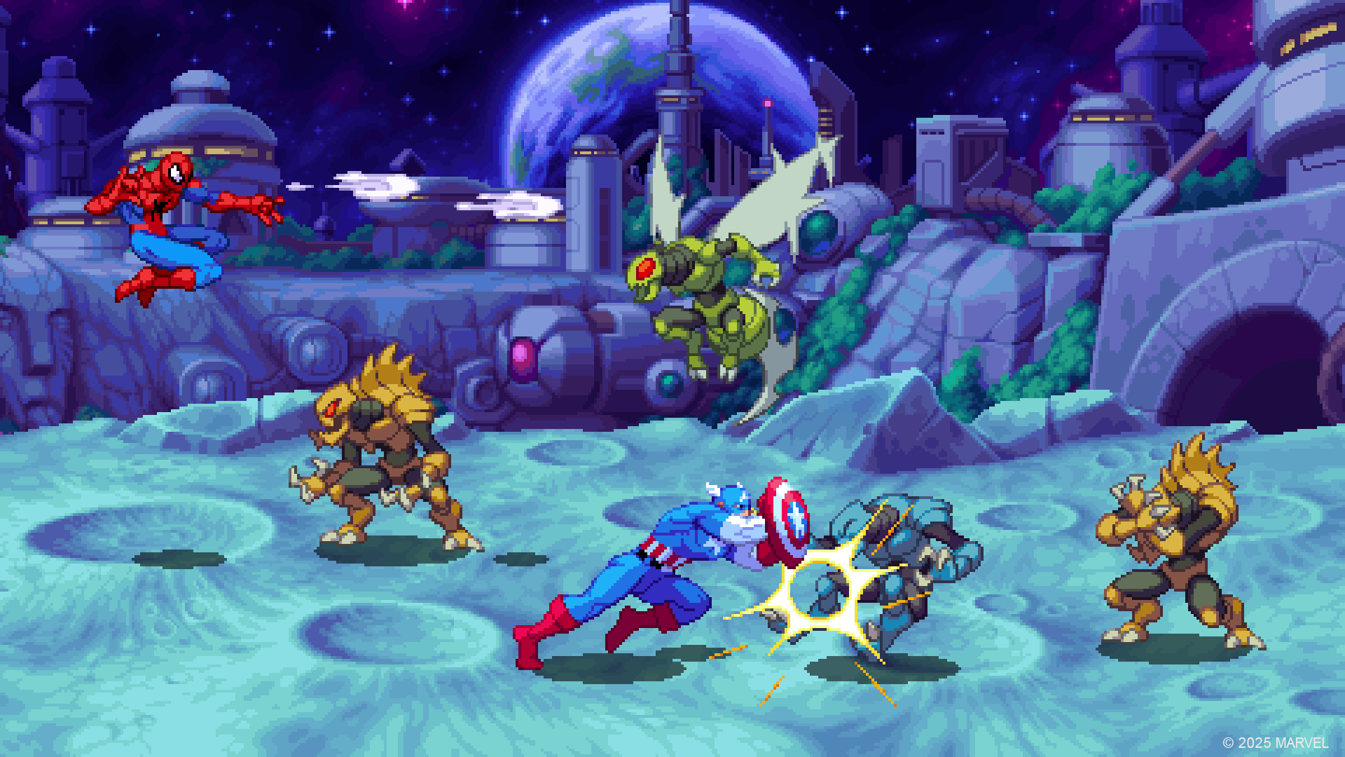 HD PC desktop wallpaper and background from the video game MARVEL Cosmic Invasion showing Captain America and Spider-Man battling alien insectoid foes on a neon lunar cityscape.