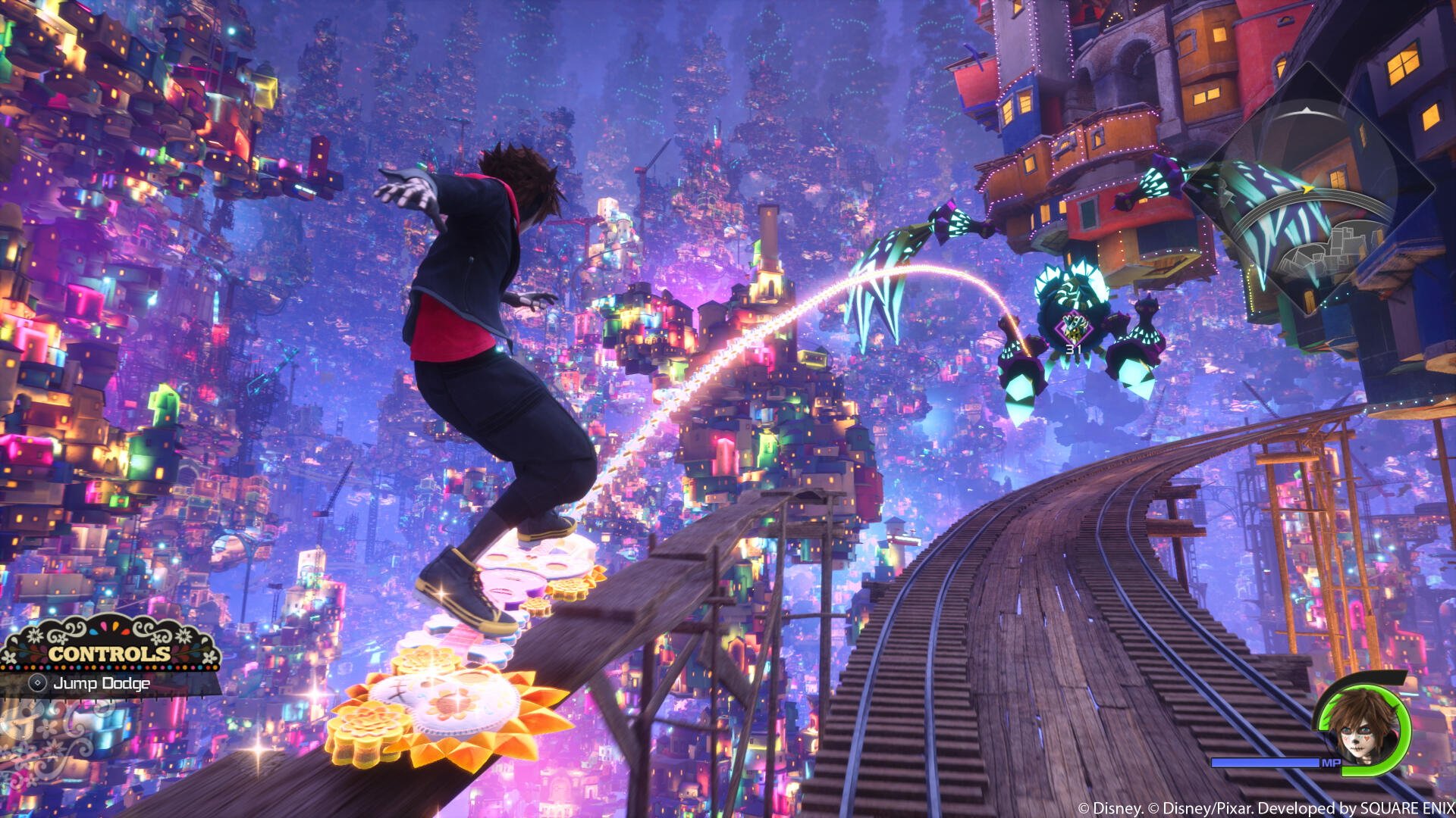 4K Ultra HD PC desktop wallpaper: Kingdom Hearts IV (Kingdom Hearts video game) scene of a protagonist on a glowing skateboard leaping through a neon, floating cityscape.