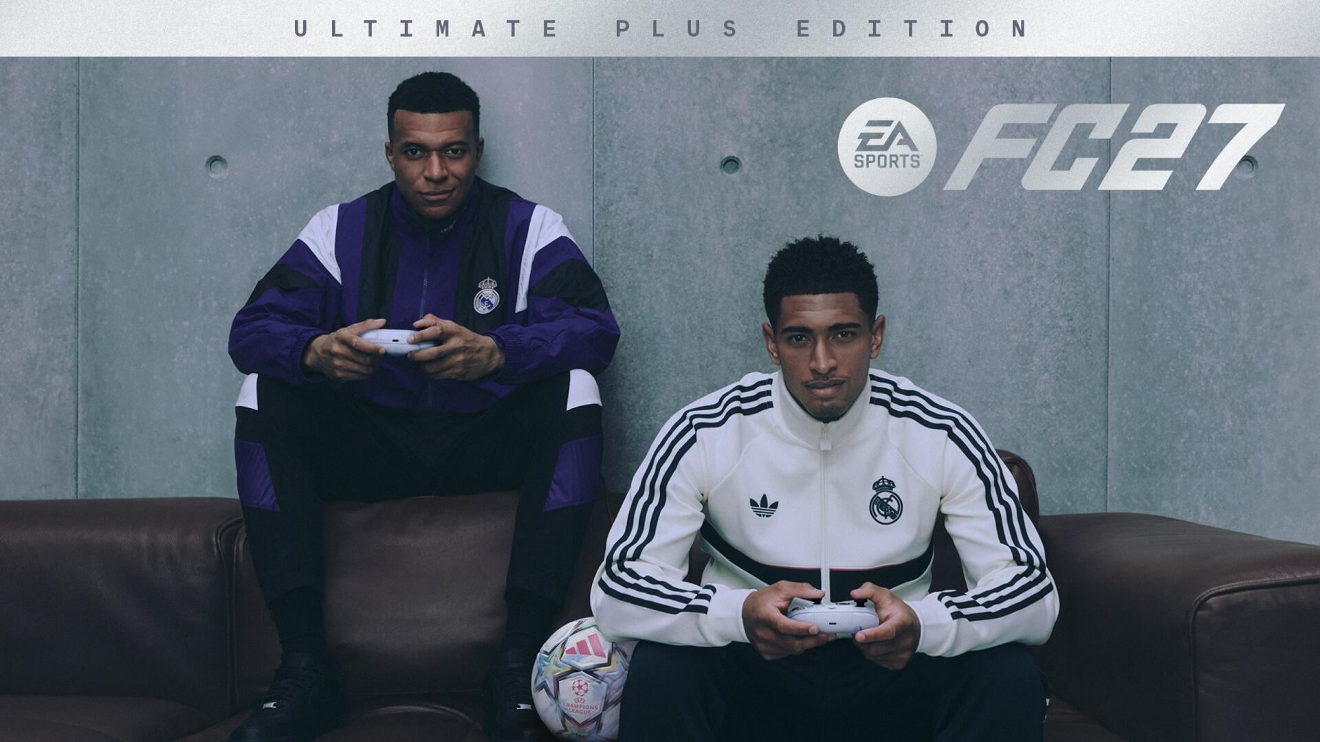 2K Quad HD PC desktop wallpaper showing two gamers in Real Madrid tracksuits holding controllers on a couch, a soccer ball at their feet and the EA SPORTS FC 27 logo behind them.